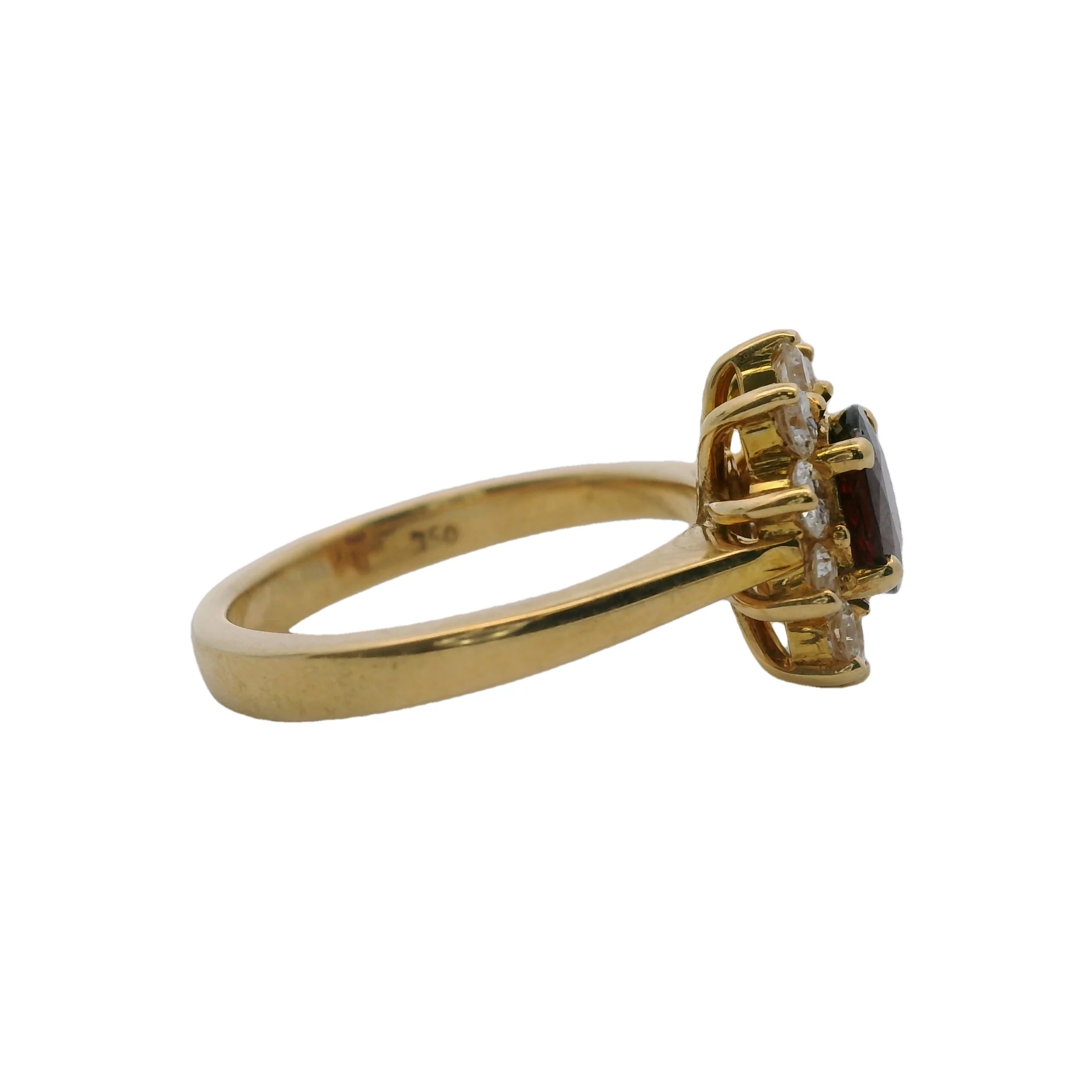 Solid 18kt Yellow Gold Natural Red Ruby Solitaire Ring with White Diamond Halo Size 5 - Image 2