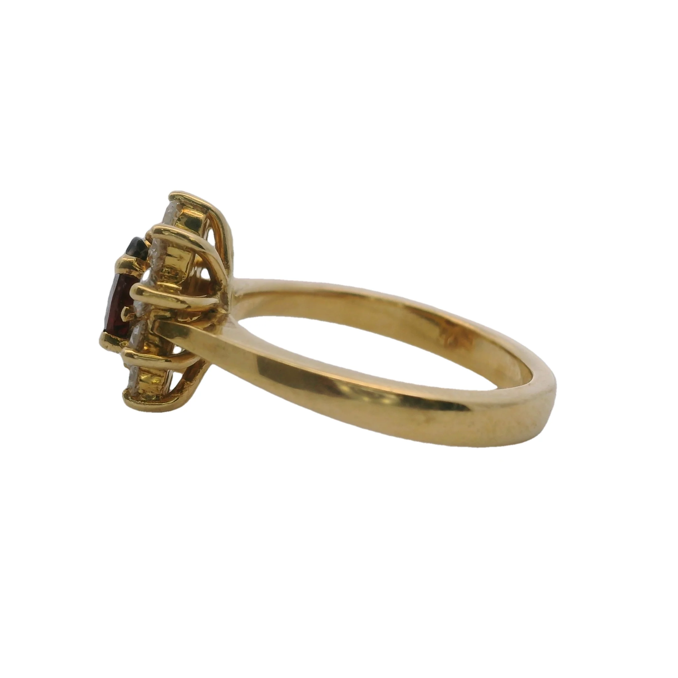 Solid 18kt Yellow Gold Natural Red Ruby Solitaire Ring with White Diamond Halo Size 5 - Image 3