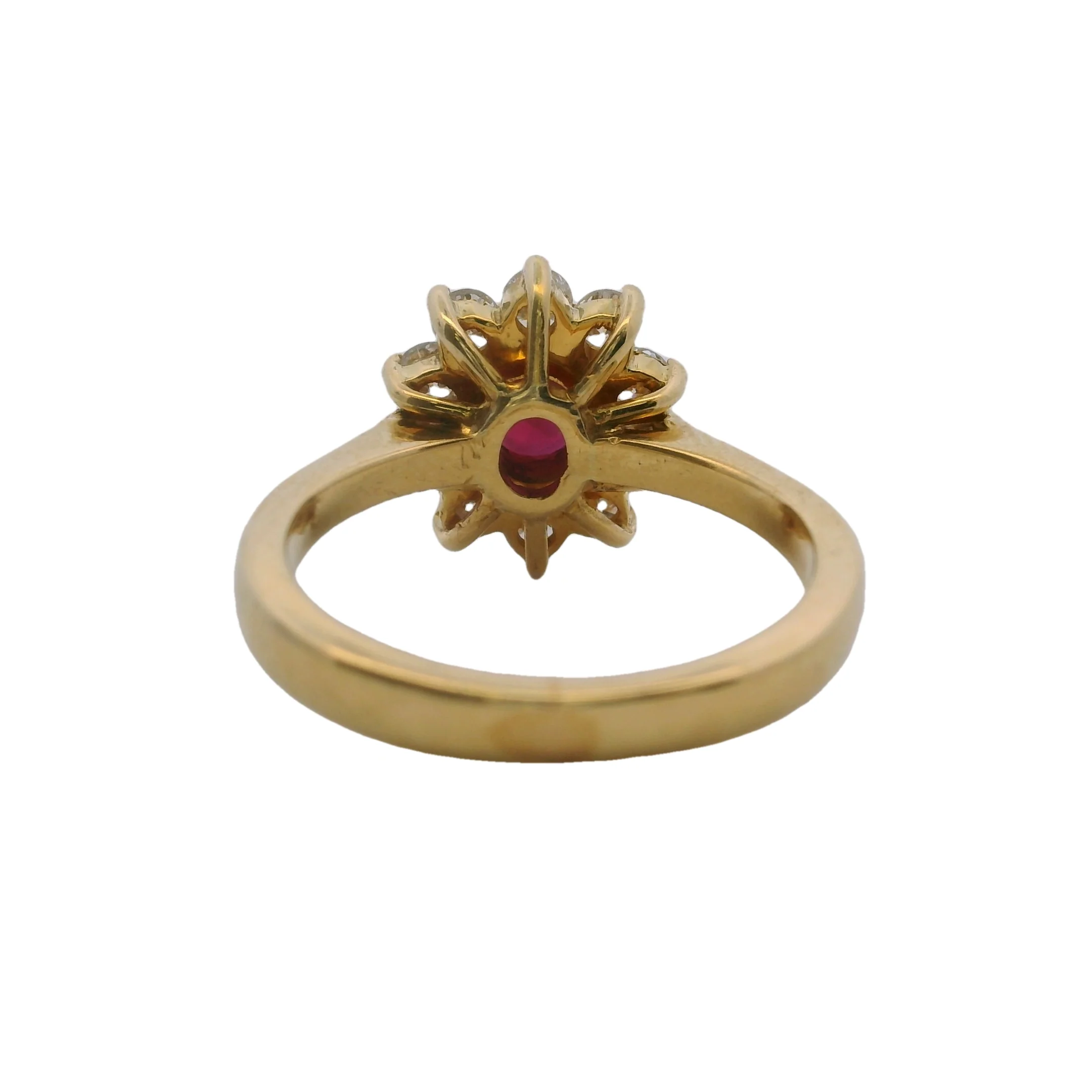 Solid 18kt Yellow Gold Natural Red Ruby Solitaire Ring with White Diamond Halo Size 5 - Image 4
