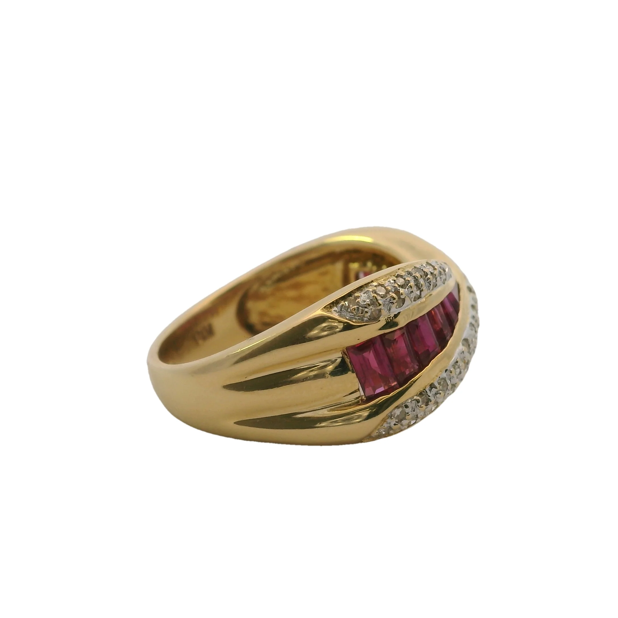 Solid 18kt Yellow Gold, Ruby, and Diamond Crossover Twist Cocktail Band Ring Size 7 - Image 2