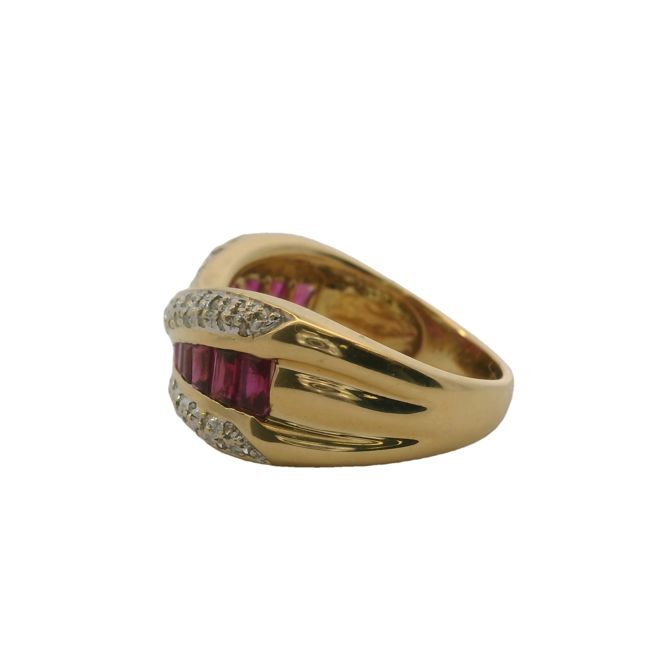 Solid 18kt Yellow Gold, Ruby, and Diamond Crossover Twist Cocktail Band Ring Size 7 - Image 3