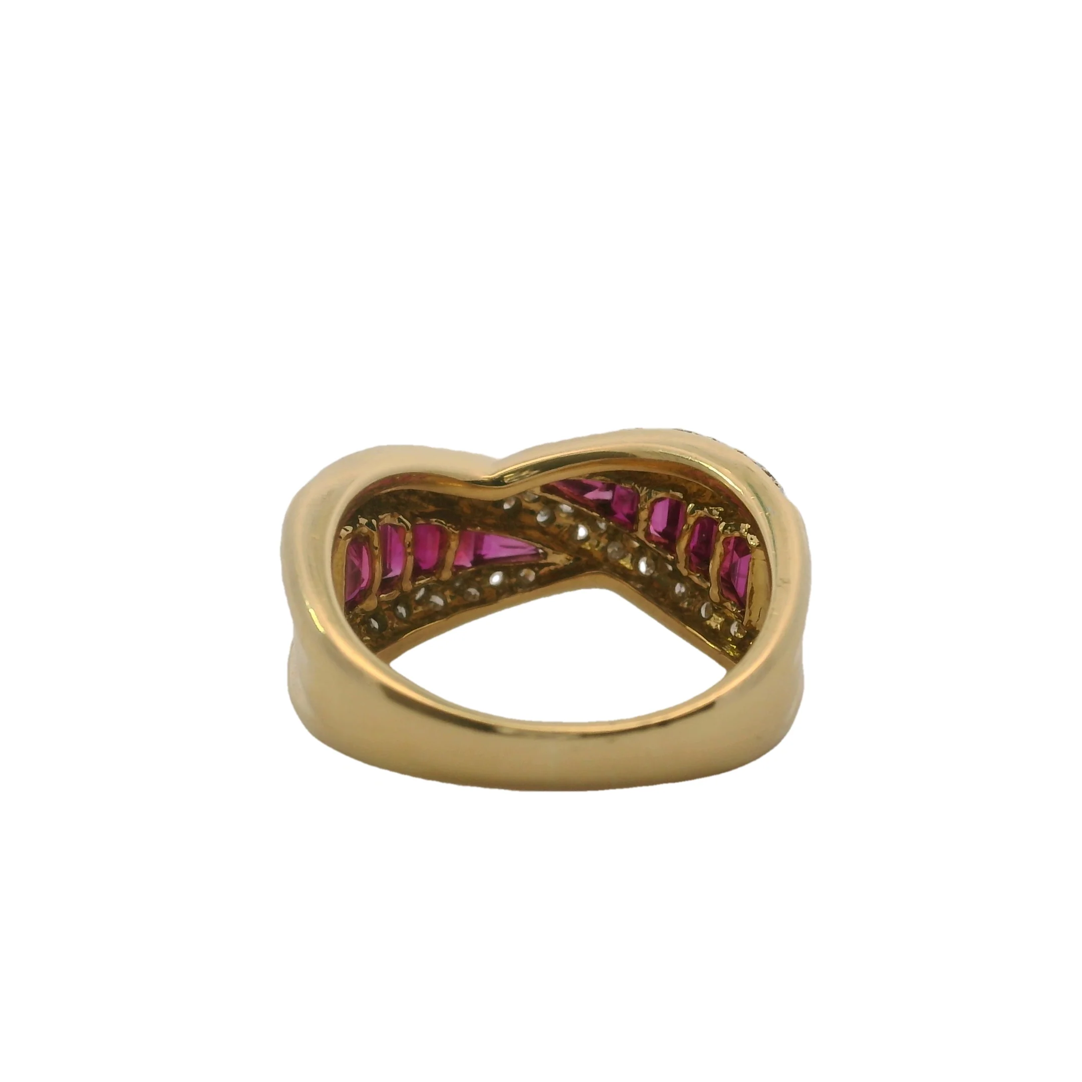 Solid 18kt Yellow Gold, Ruby, and Diamond Crossover Twist Cocktail Band Ring Size 7 - Image 4