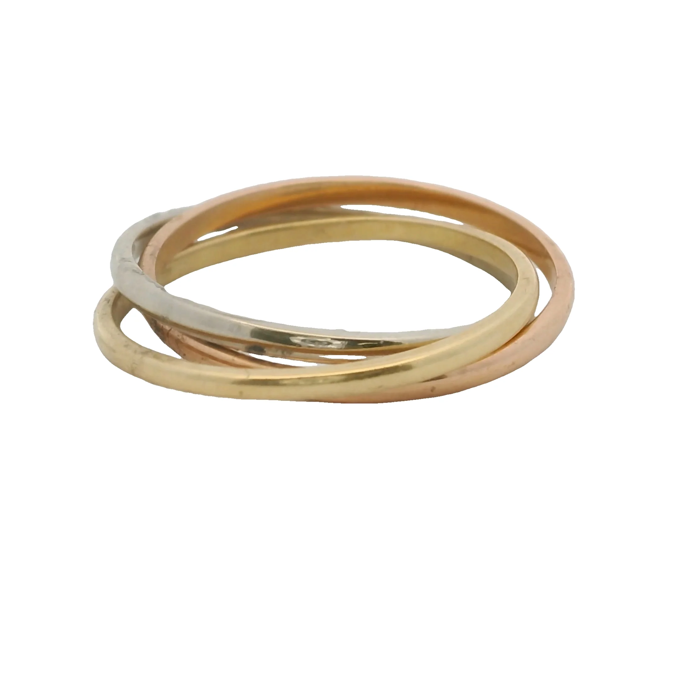 Solid 18kt Yellow, Rose, and White Gold Thin Trinity Roll-On Ring Size 6.5