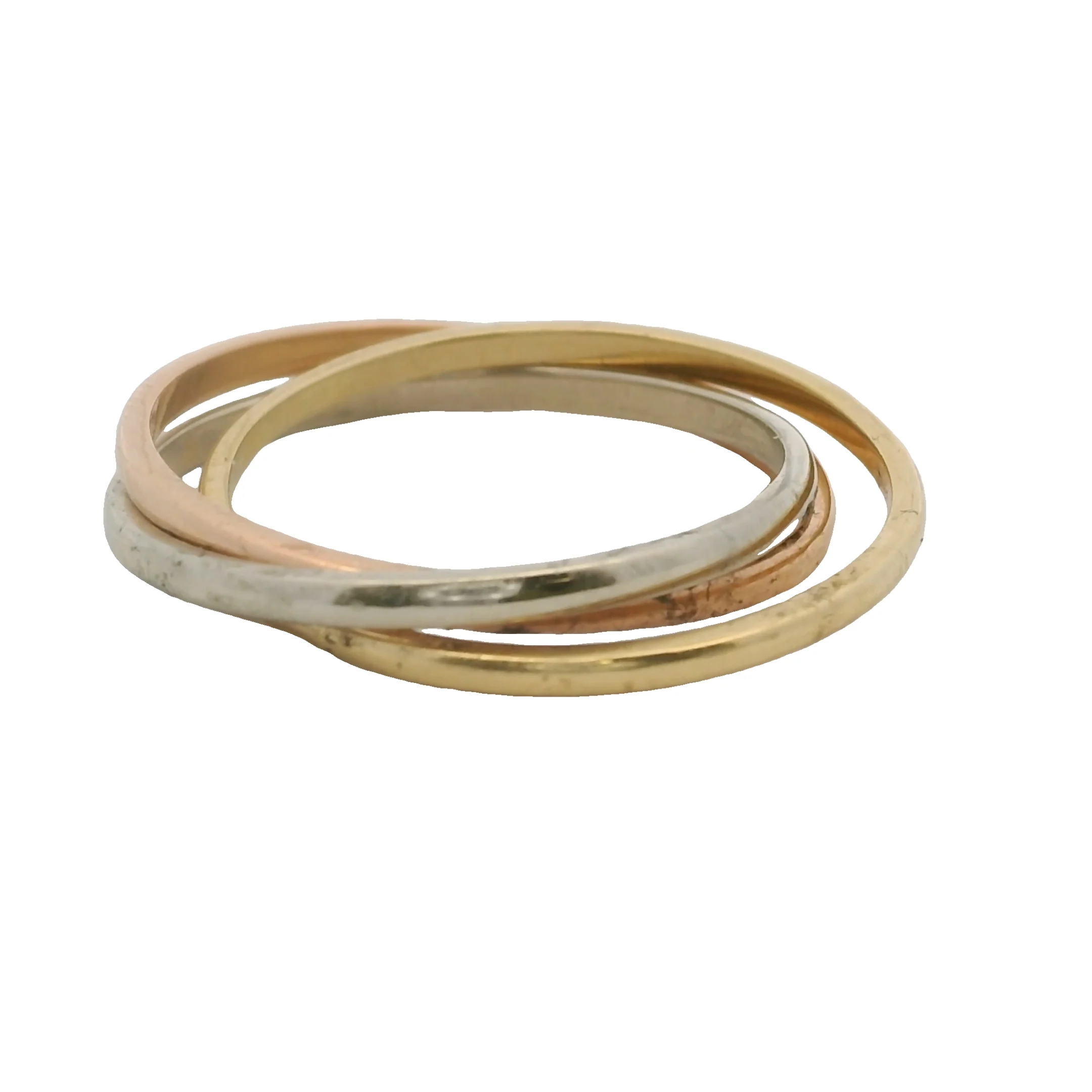 Solid 18kt Yellow, Rose, and White Gold Thin Trinity Roll-On Ring Size 6.5 - Image 2