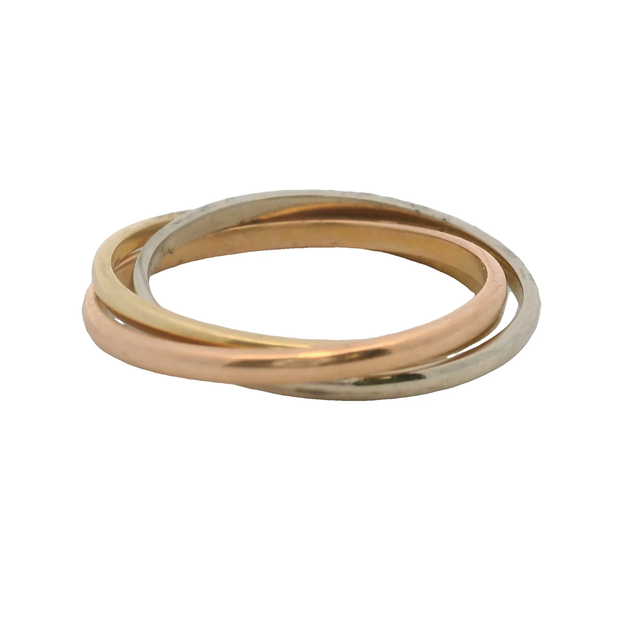 Solid 18kt Yellow, Rose, and White Gold Thin Trinity Roll-On Ring Size 6.5 - Image 3