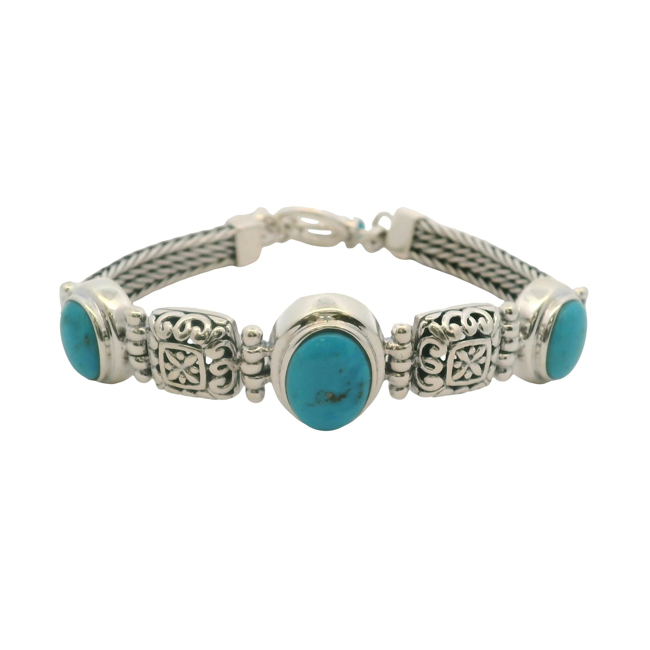 Solid 925 Sterling Silver and Cabochon Blue Turquoise Braided Toggle Bracelet 8" - Image 2