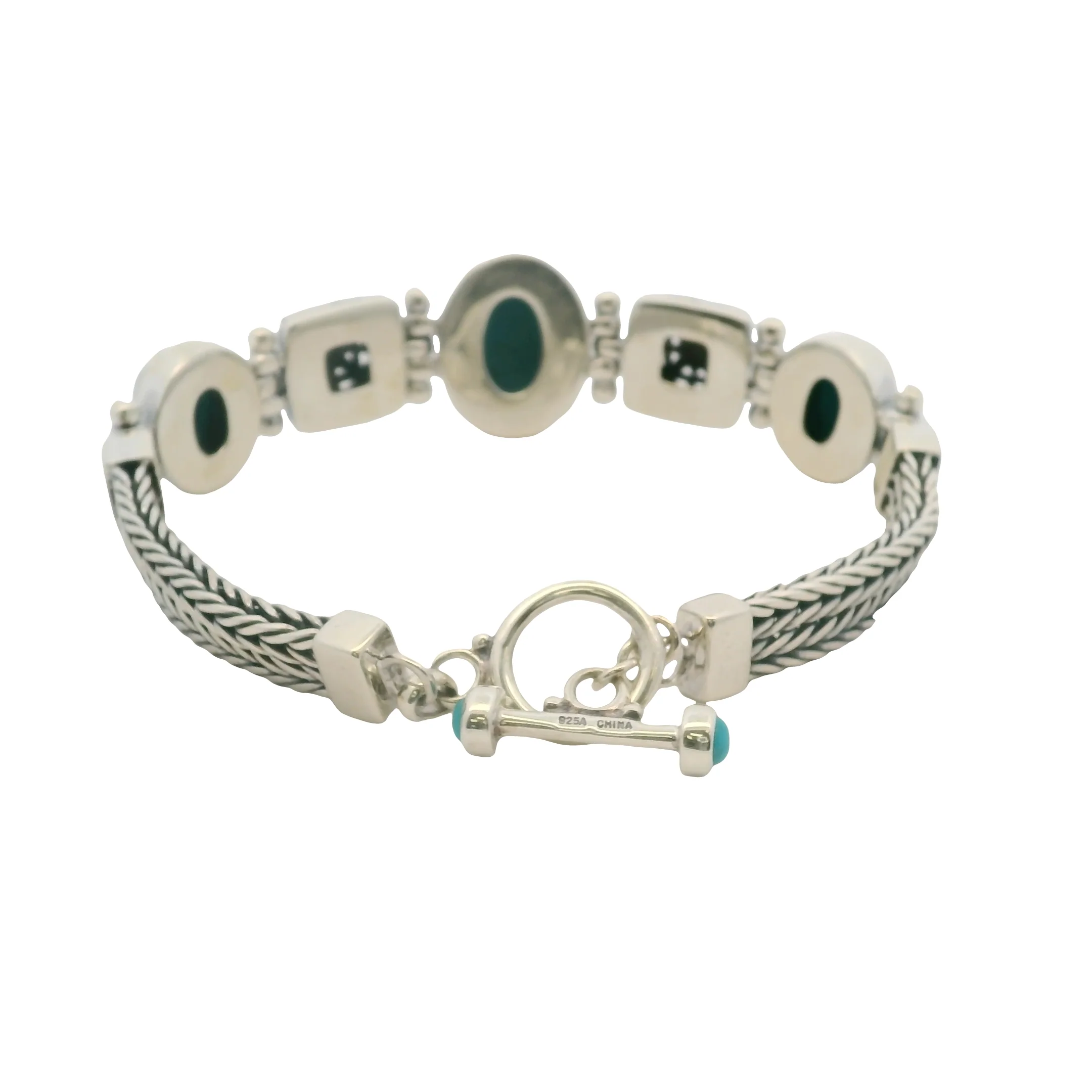 Solid 925 Sterling Silver and Cabochon Blue Turquoise Braided Toggle Bracelet 8" - Image 3