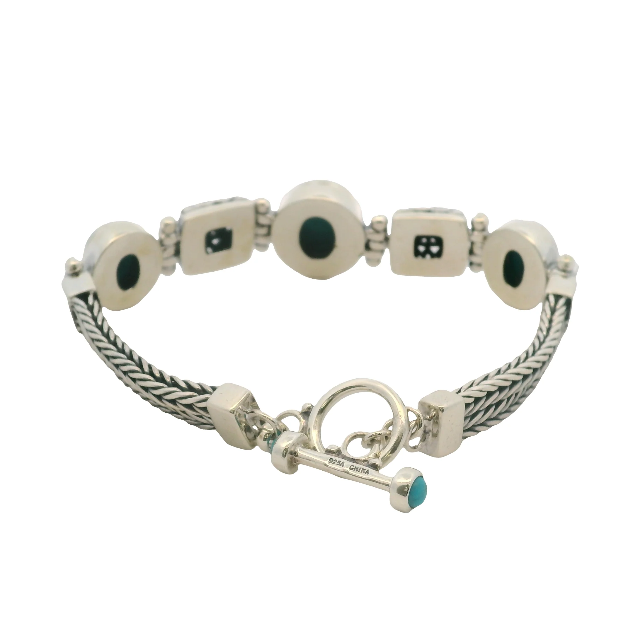 Solid 925 Sterling Silver and Cabochon Blue Turquoise Braided Toggle Bracelet 8" - Image 4