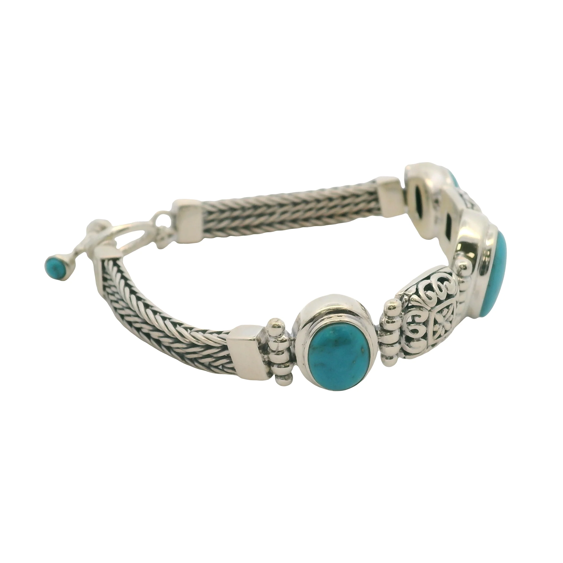 Solid 925 Sterling Silver and Cabochon Blue Turquoise Braided Toggle Bracelet 8" - Image 5
