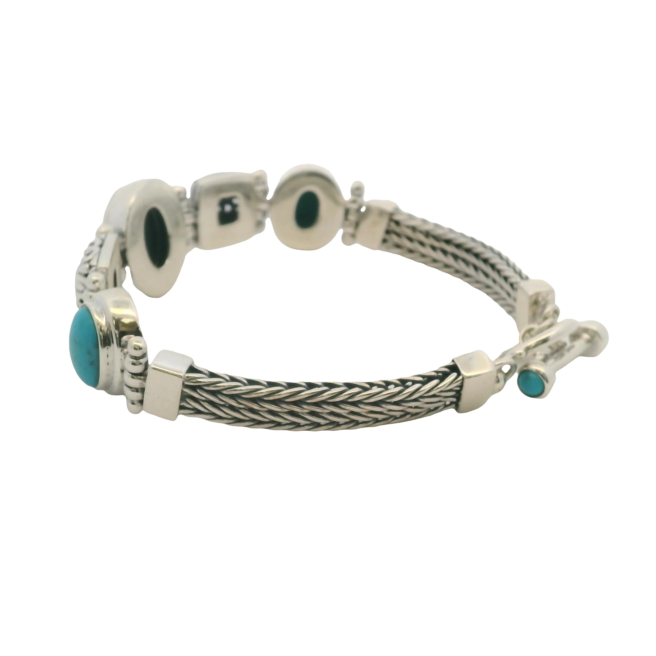 Solid 925 Sterling Silver and Cabochon Blue Turquoise Braided Toggle Bracelet 8" - Image 6