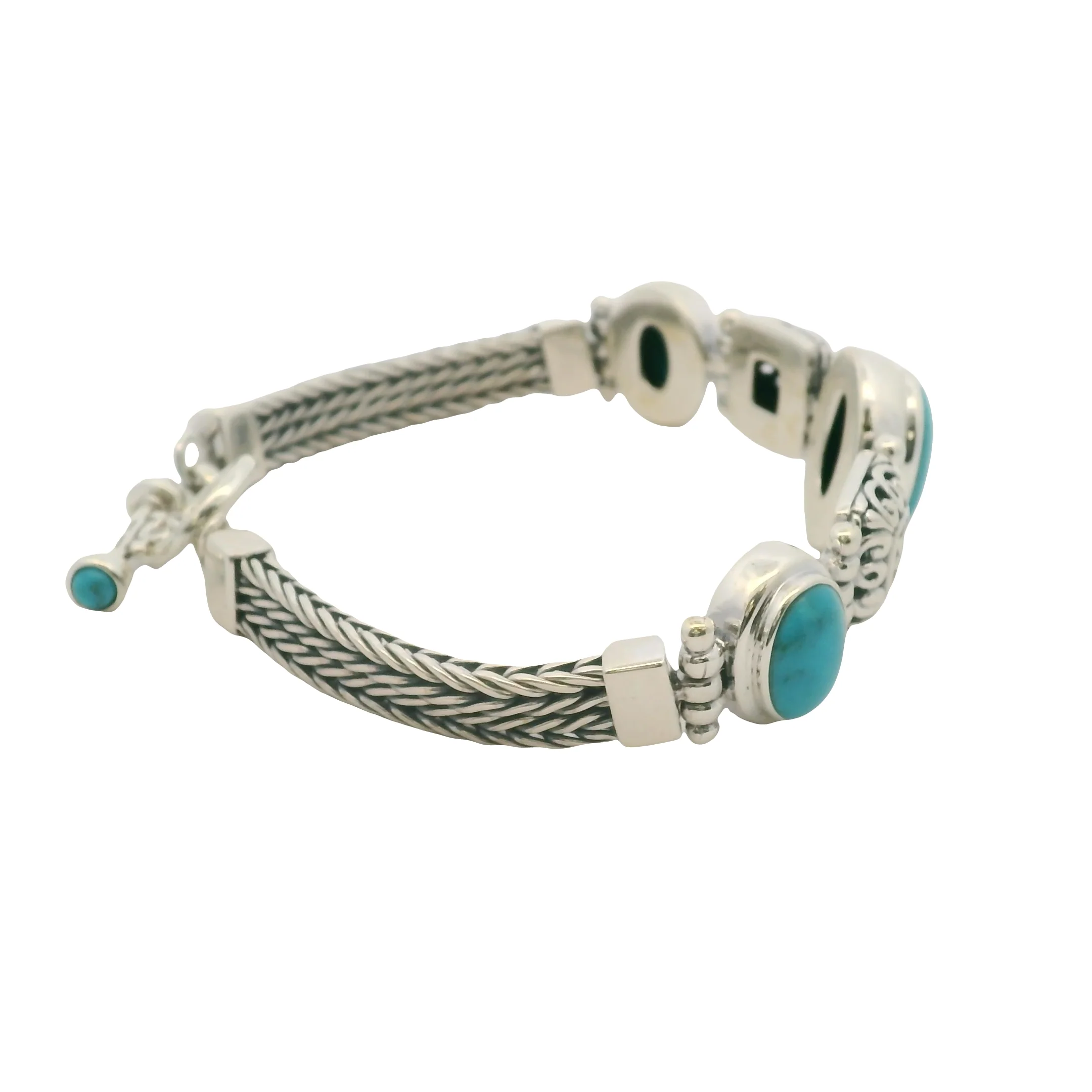 Solid 925 Sterling Silver and Cabochon Blue Turquoise Braided Toggle Bracelet 8" - Image 7