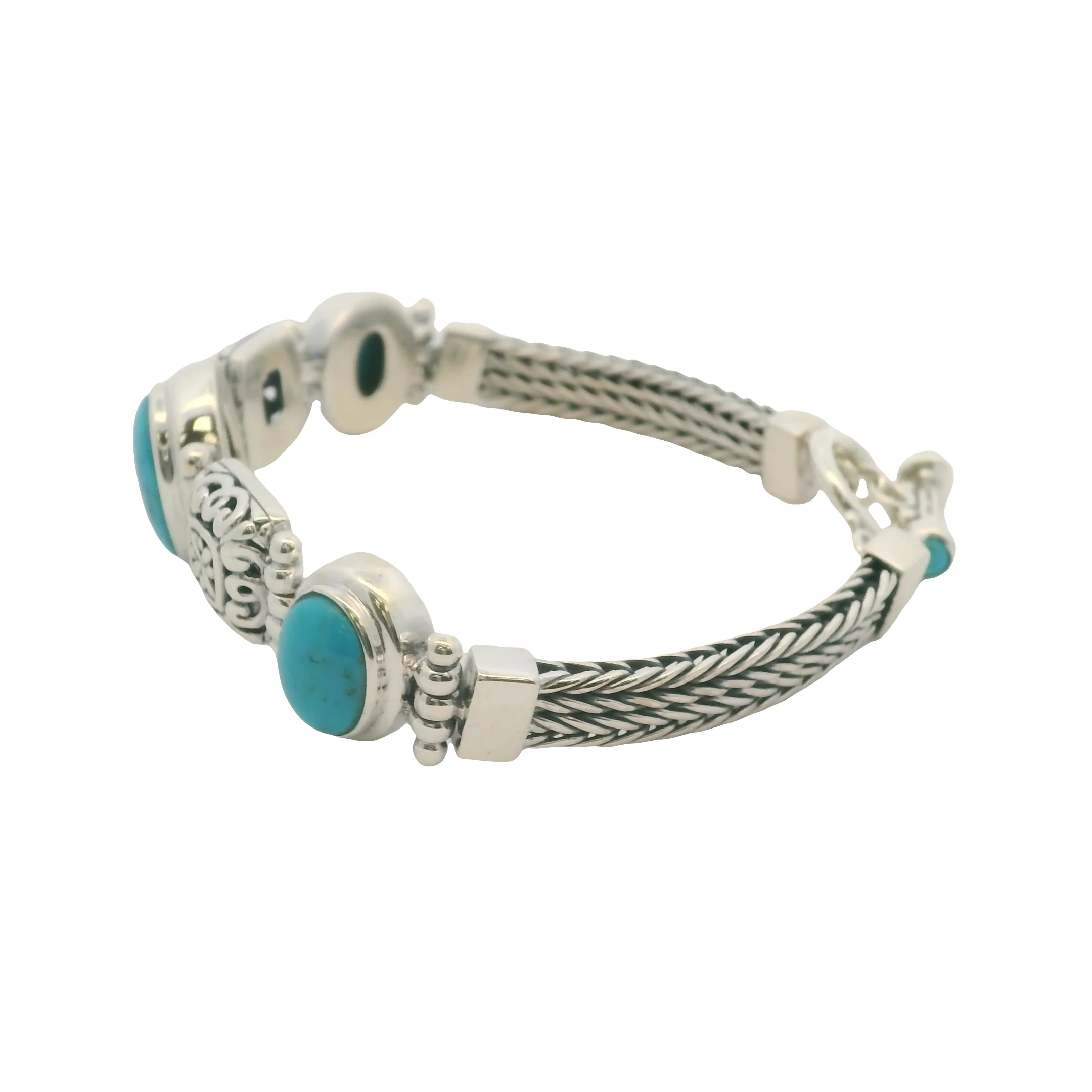Solid 925 Sterling Silver and Cabochon Blue Turquoise Braided Toggle Bracelet 8" - Image 8