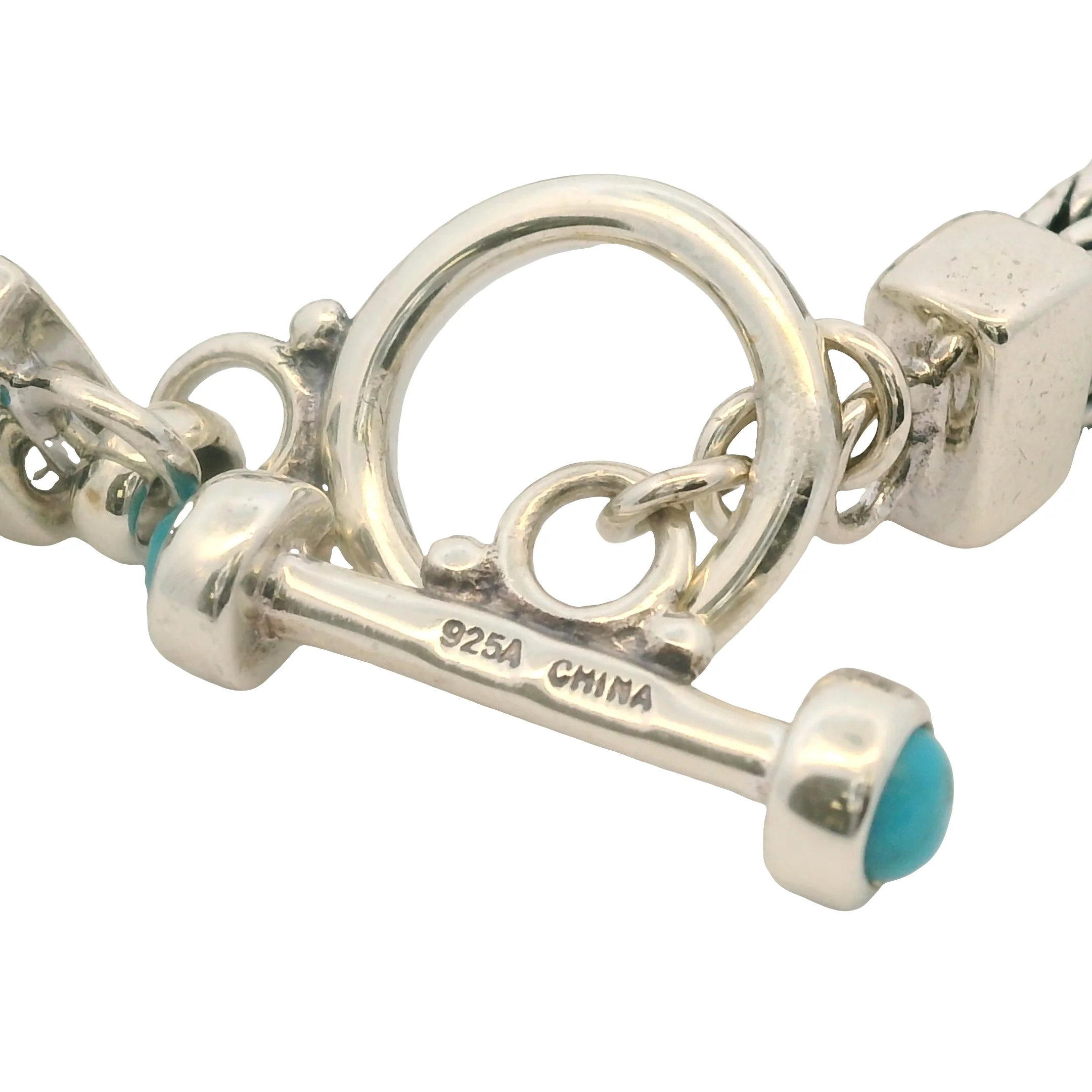 Solid 925 Sterling Silver and Cabochon Blue Turquoise Braided Toggle Bracelet 8" - Image 9