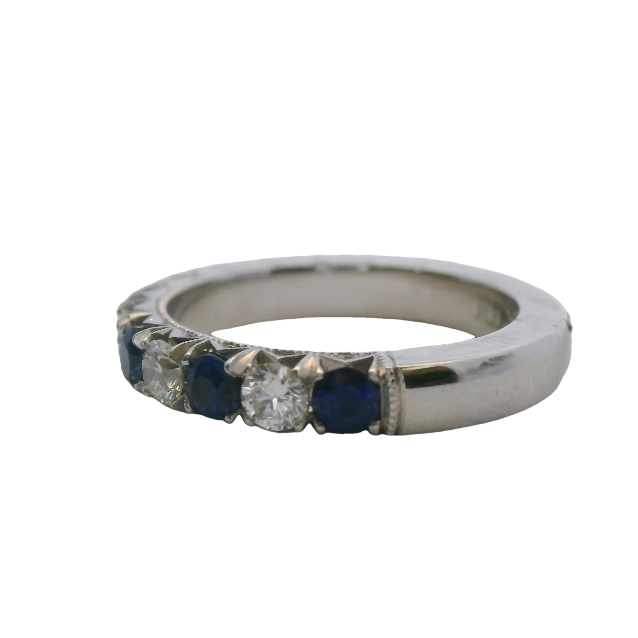 Solid Platinum Alternating Diamond and Sapphire 3mm Half-Eternity Wedding Band Ring Size 5.75 - Image 2