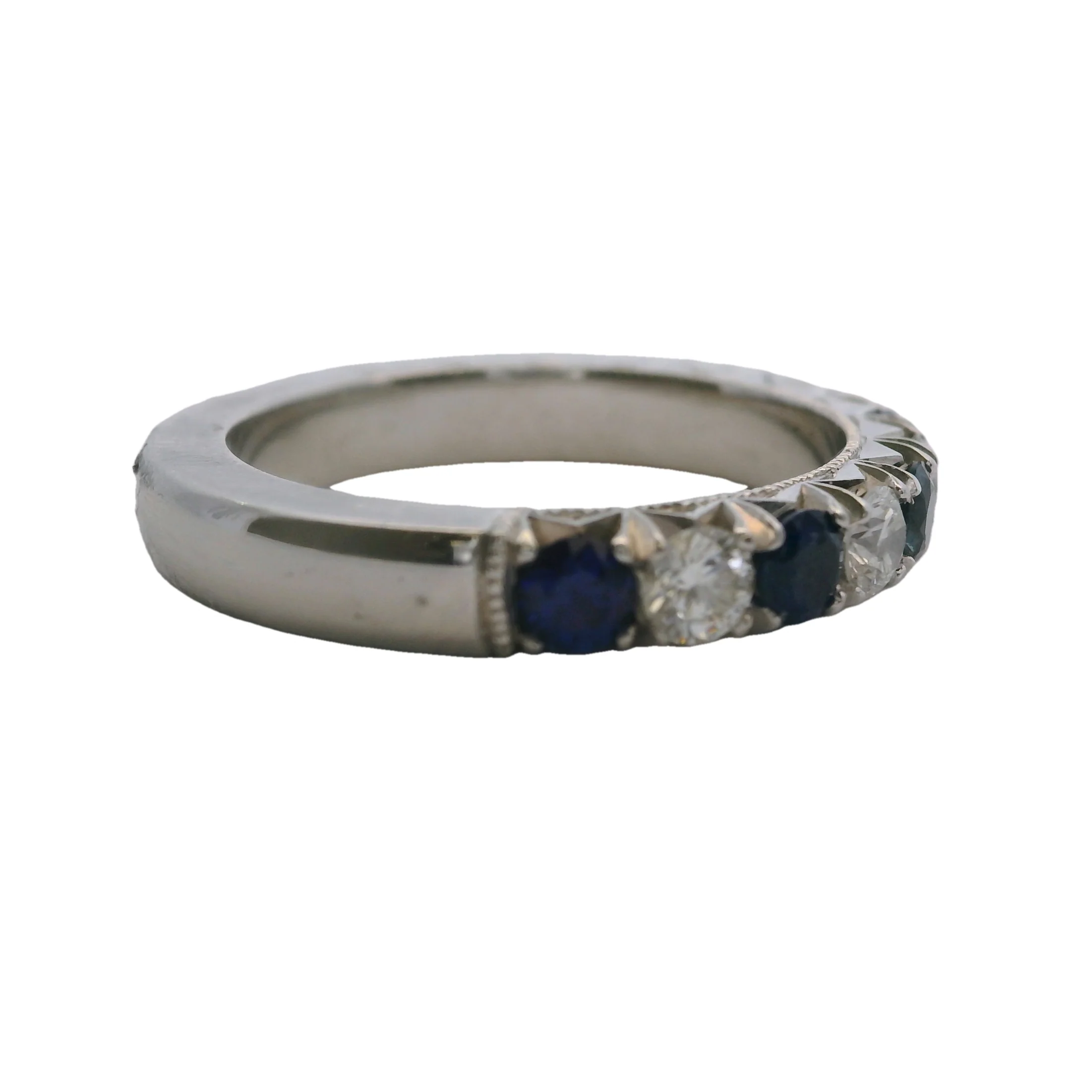 Solid Platinum Alternating Diamond and Sapphire 3mm Half-Eternity Wedding Band Ring Size 5.75 - Image 3
