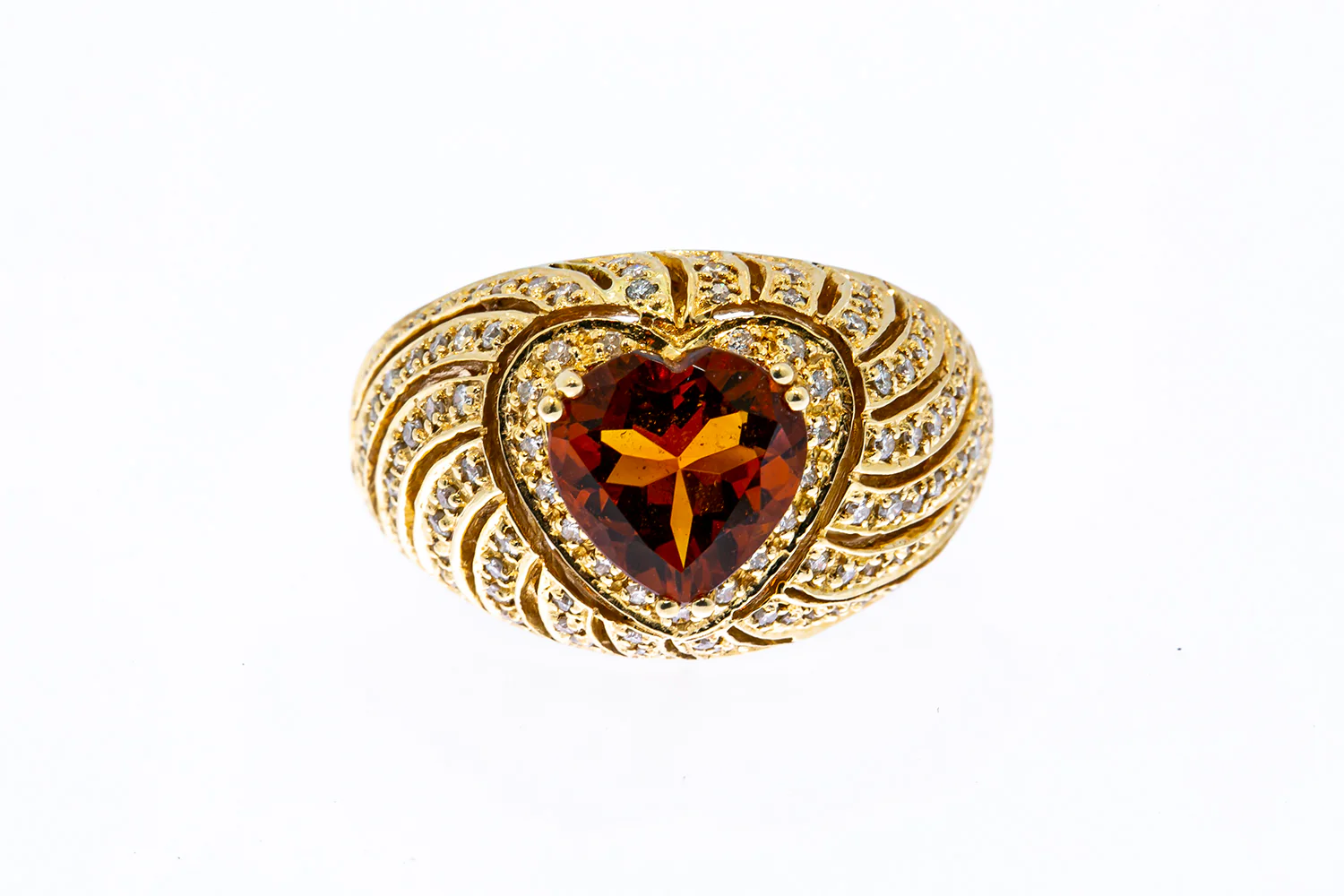 Sonia B Solid 14kt Yellow Gold and Citrine Heart Cocktail 16mm Thick Ring with Diamond Waves Size 10
