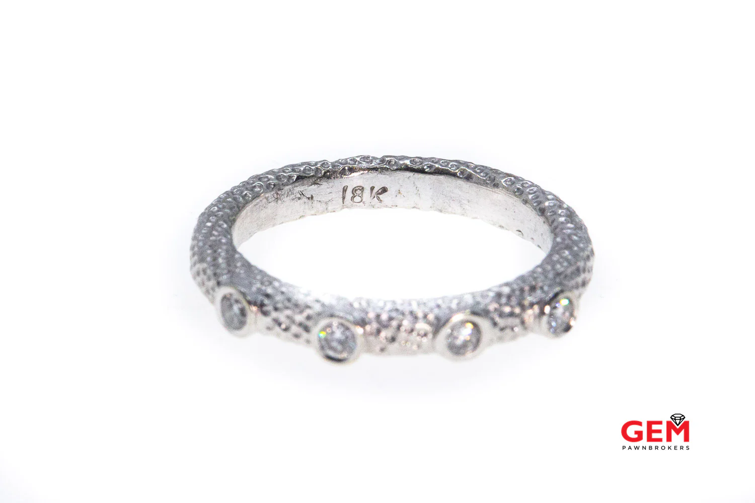 Stackable Station Hammer Finished Four 4 Stone Diamond Band 18K 750 White Gold Ring Size 6 1/2 - Image 2