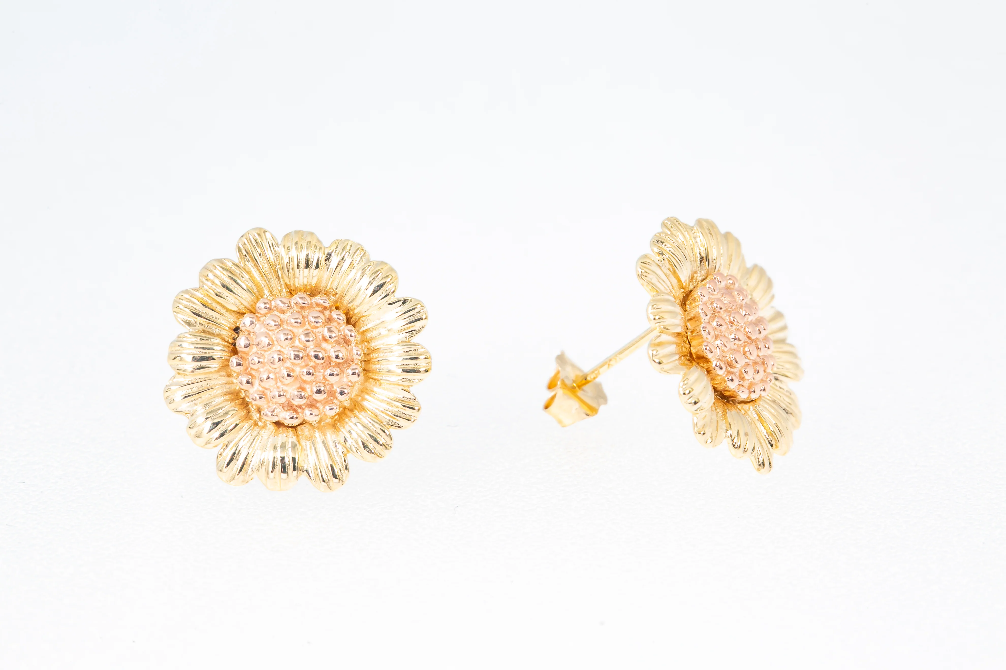 Sunflower Flower 14k 585 Yellow & Rose Solid Gold Stud Earrings - Image 3
