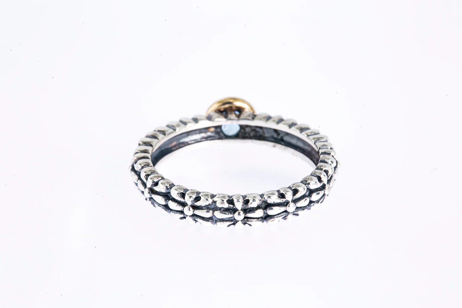 T&C Aquamarine Byzantine Carved Band 925 Silver & 14K Yellow Gold Ring Sz 7 1/4 - Image 5