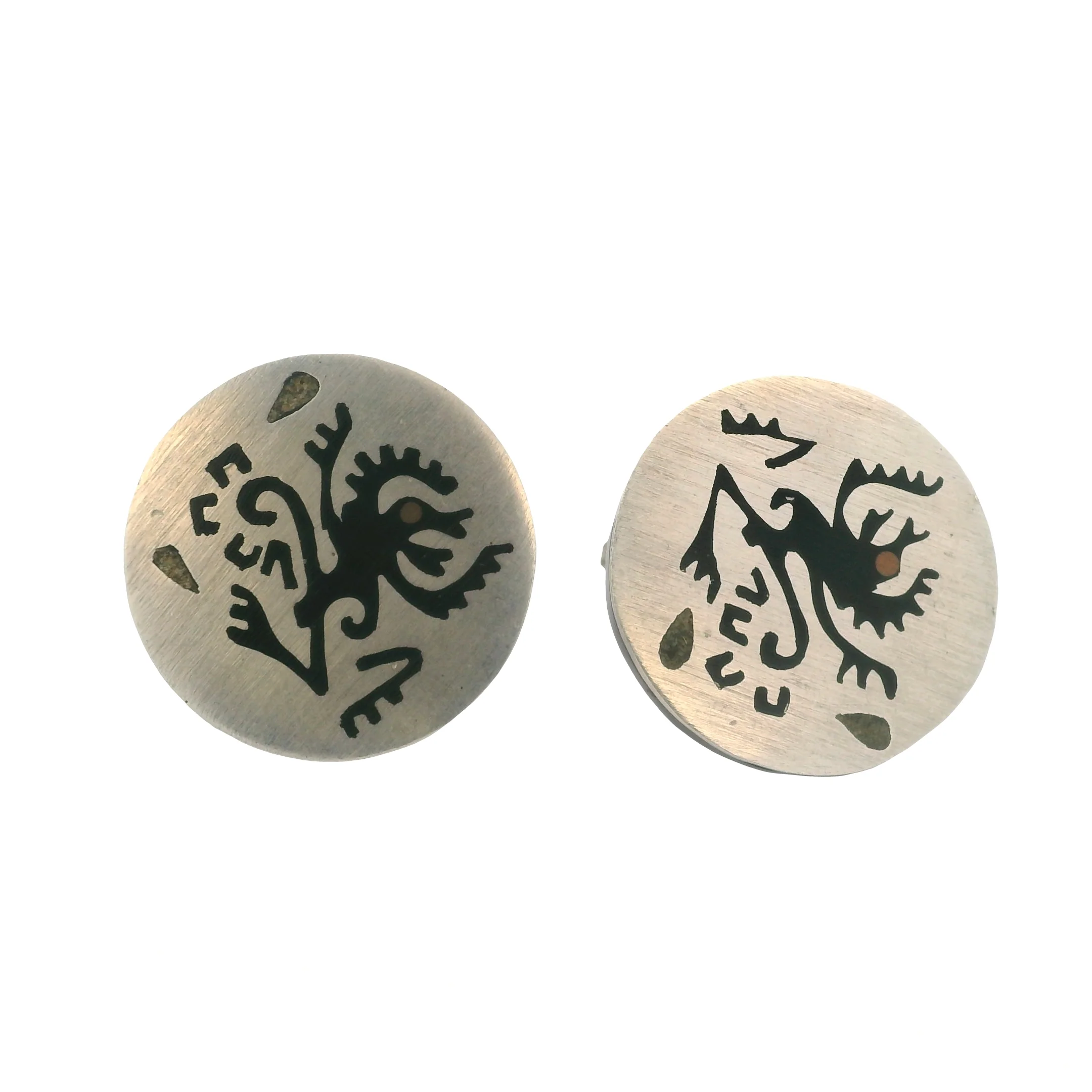 Taxco 925 Sterling Silver Aztec Dancing Monkey Screw-Back Unpierced Earrings with Black Enamel Inlay Signed HAB Converted From Cufflinks - Image 2