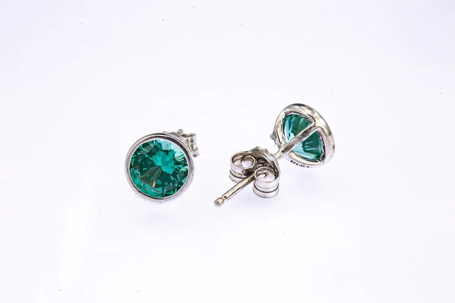Teal Blue Cubic Zirconia Bezel Set Studs Solid 925 Sterling Silver Pair Earrings - Image 2