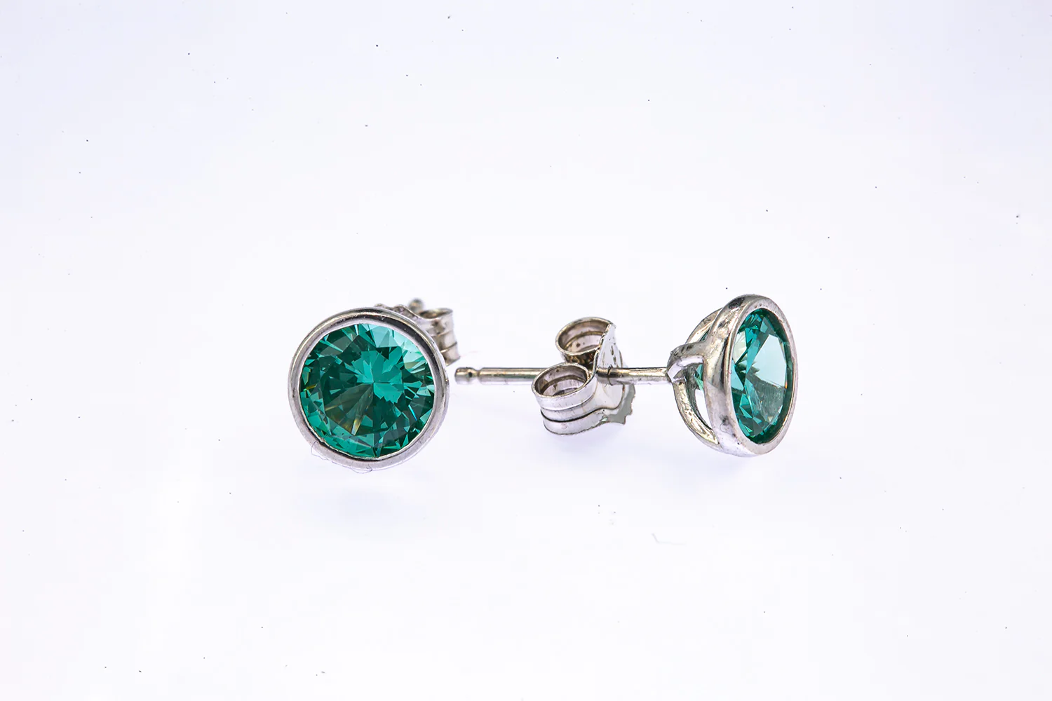 Teal Blue Cubic Zirconia Bezel Set Studs Solid 925 Sterling Silver Pair Earrings - Image 3