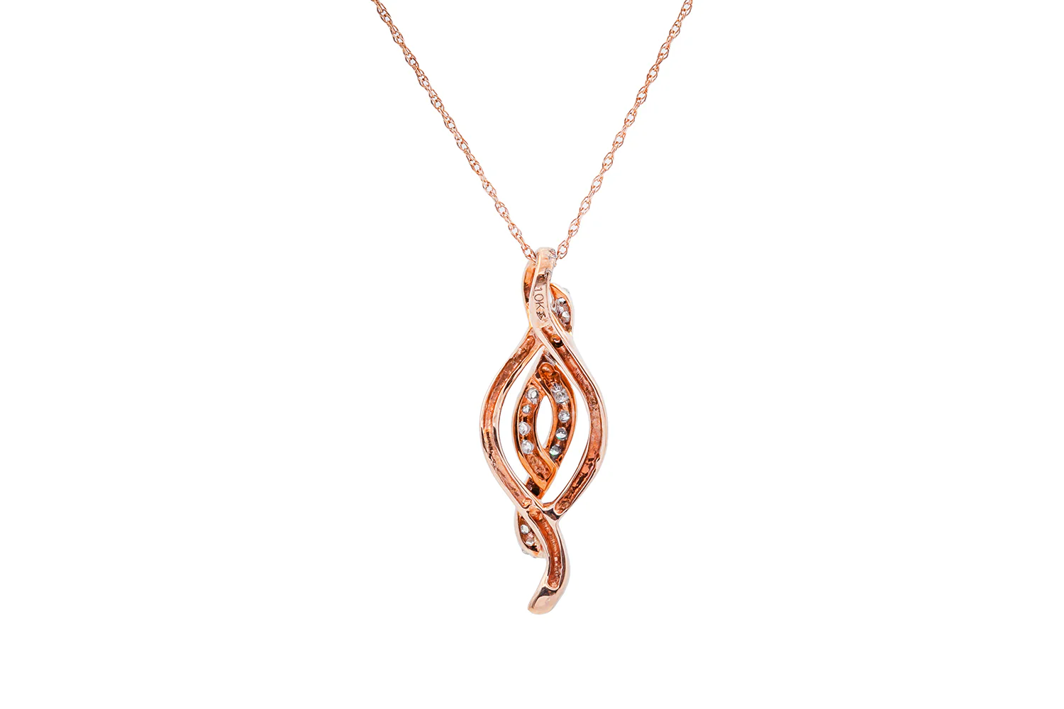 Thin Rope Chain Diamond Swirl Pave Pendant 10K 417 Rose Gold Necklace - Image 4