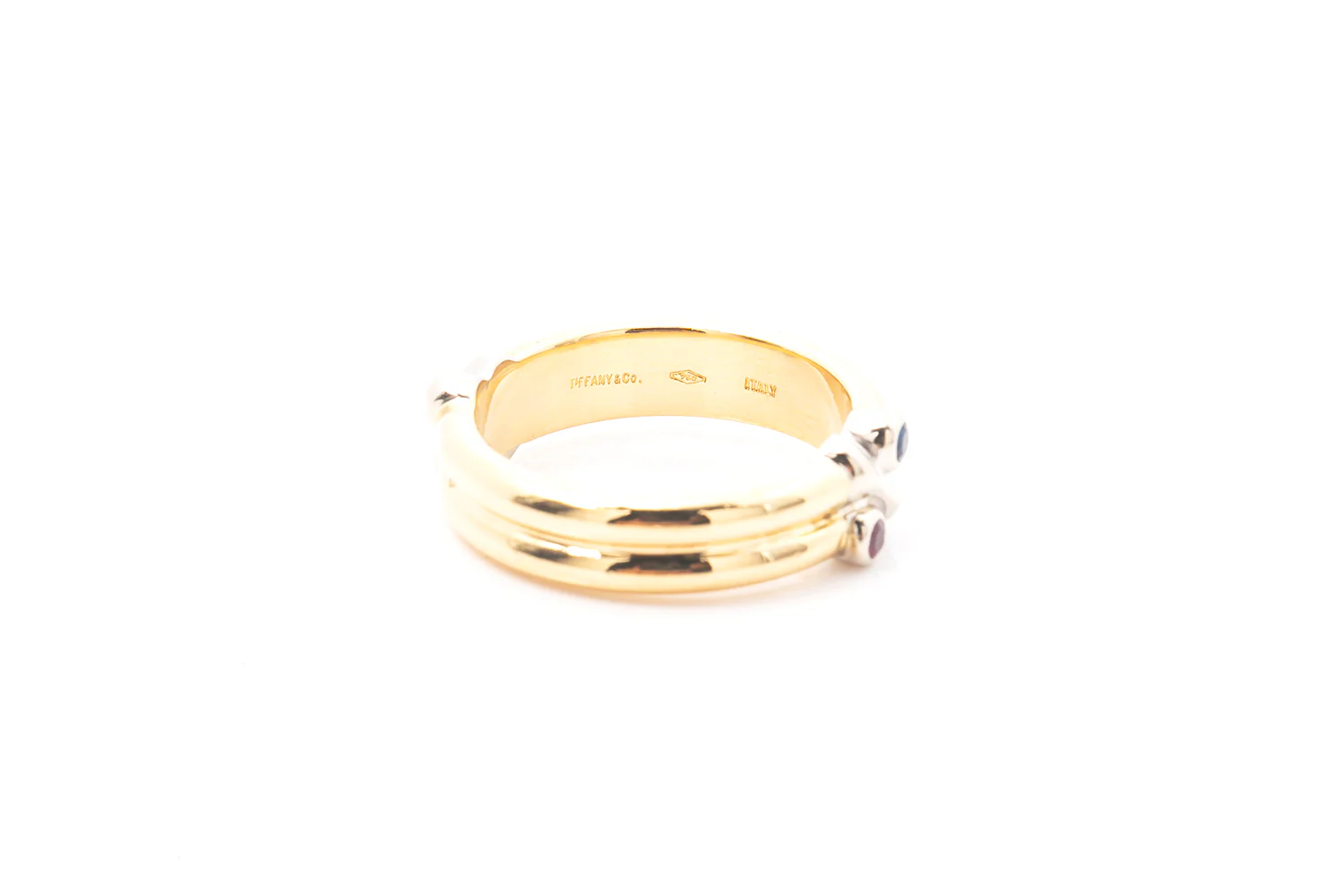 Tiffany & Co Pink & Blue Sapphire Double Band 18k 750 Yellow Gold Ring - Image 3