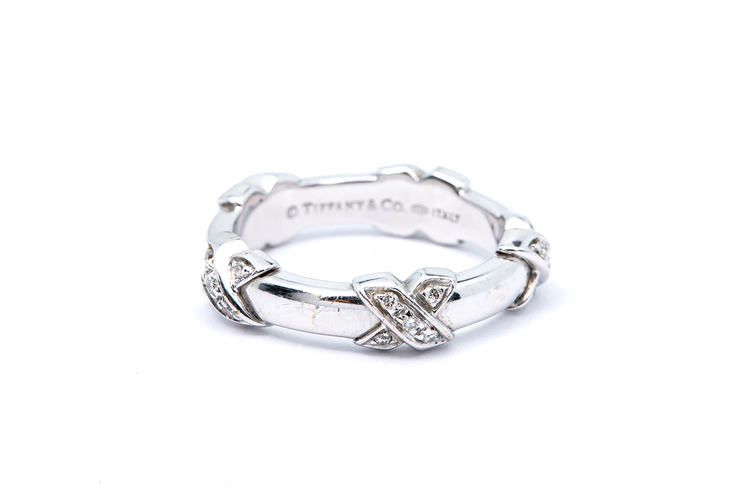 Tiffany & Co Signature X Diamond Station Band 18K 750 White Gold Ring Size 5 1/2