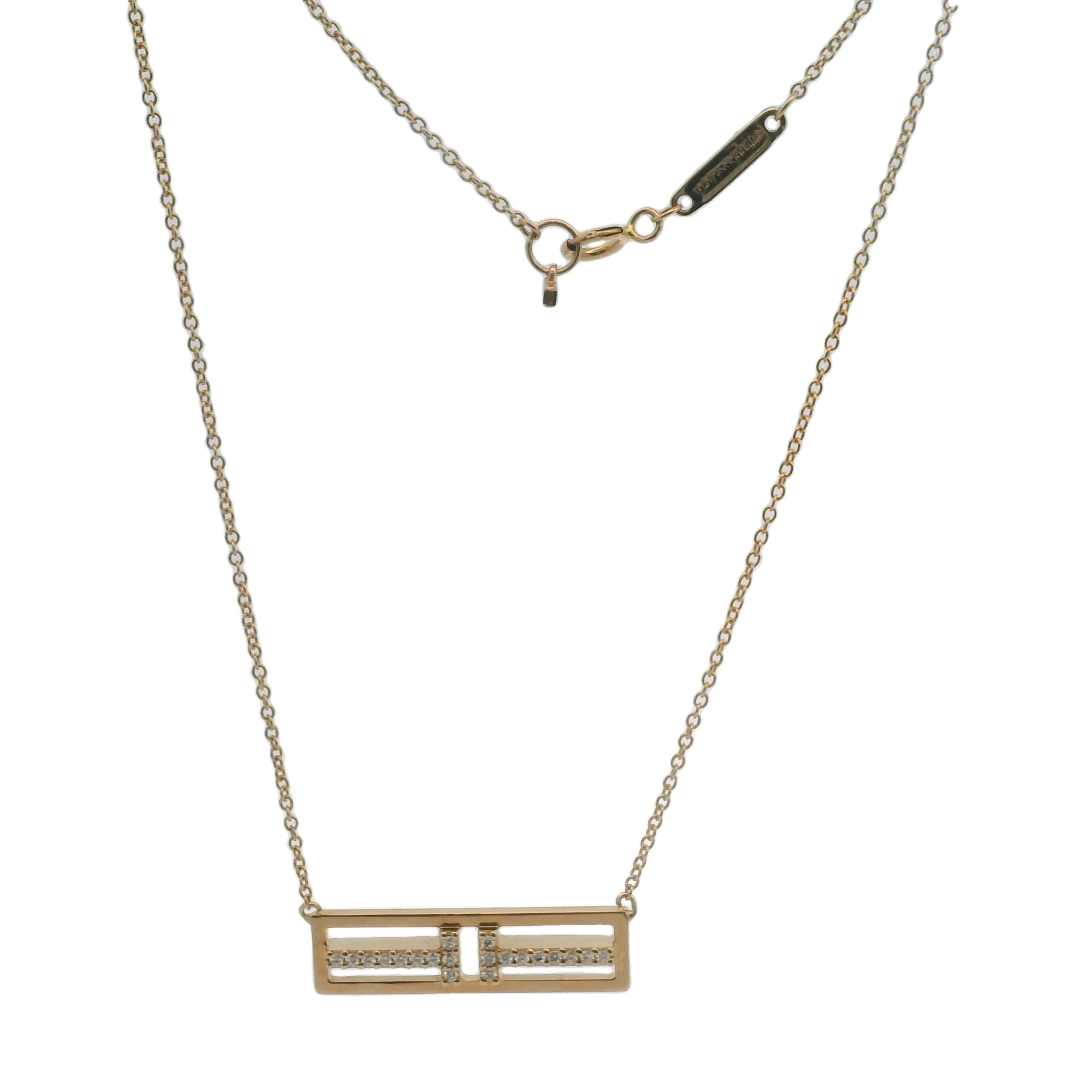 Tiffany & Co Solid 18kt Rose Gold T Two Open Horizontal Bar Diamond 18" Necklace Made in Italy - Image 5