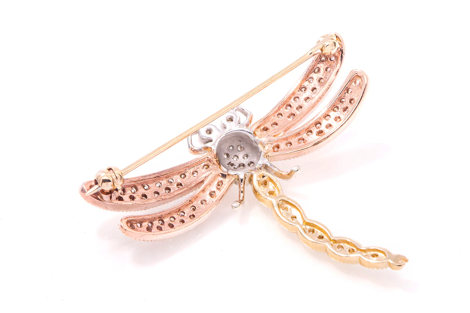 Tri-Color Dragonfly 14k 585 Diamond Insect Lapel Stick Pin Brooch - Image 2