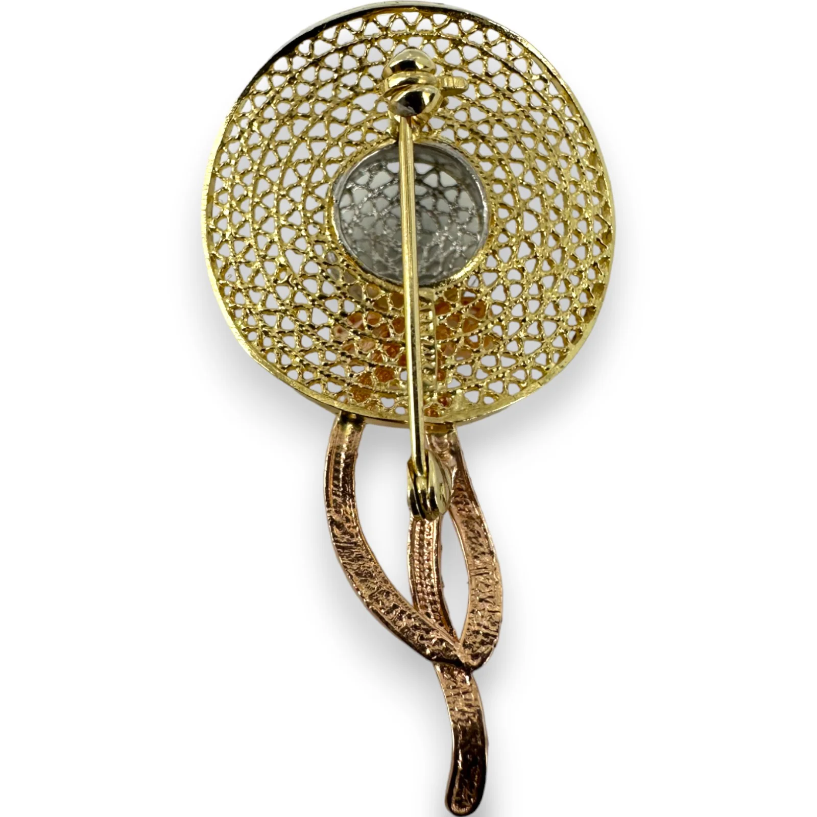 Tri-Tone 14k Solid Gold Sunhat Bow White Rose Yellow Gold Brooch Pin - Image 2