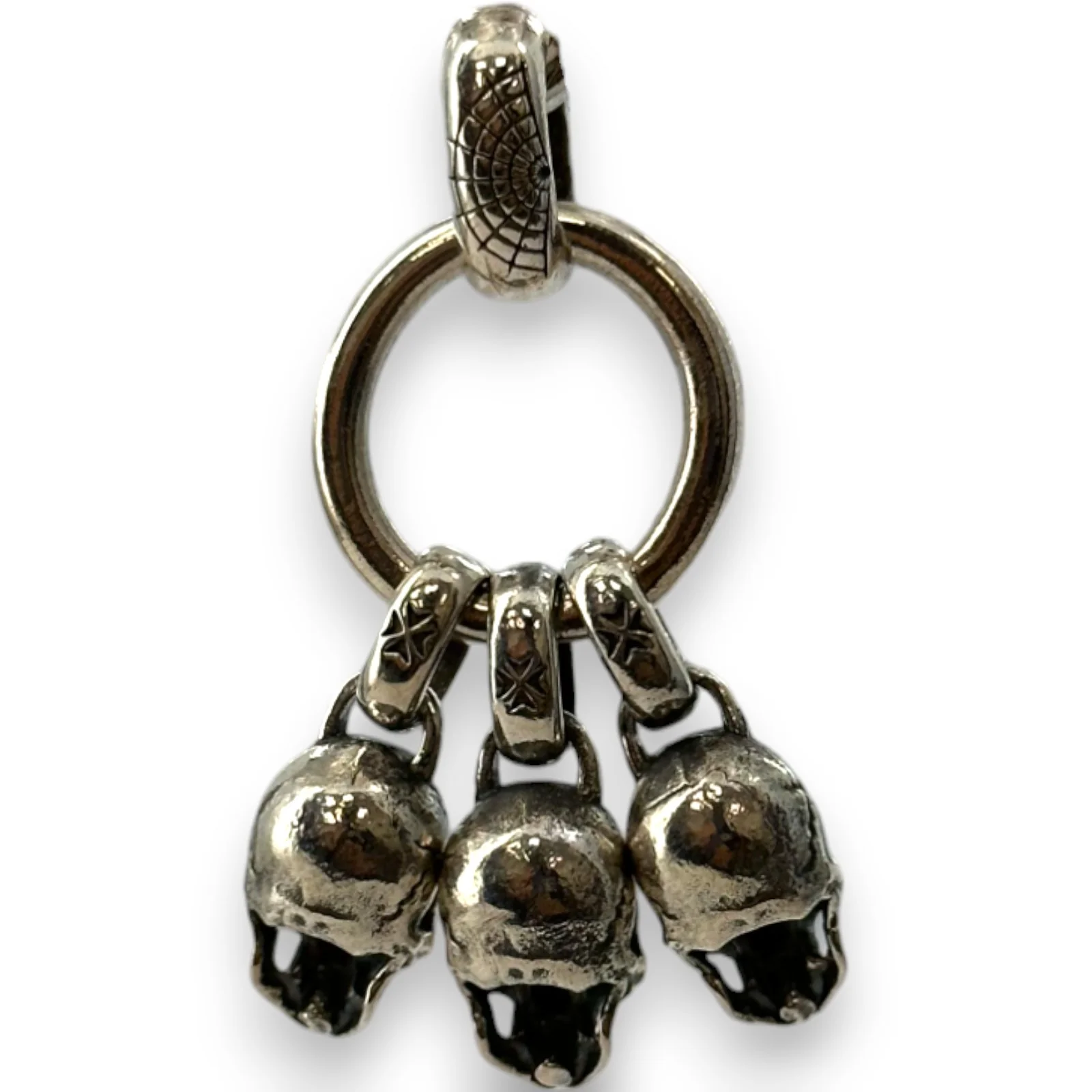 Triple Skulls Dangle Charm Pendant with Spiderweb Detail 925 Sterling Silver - Image 4