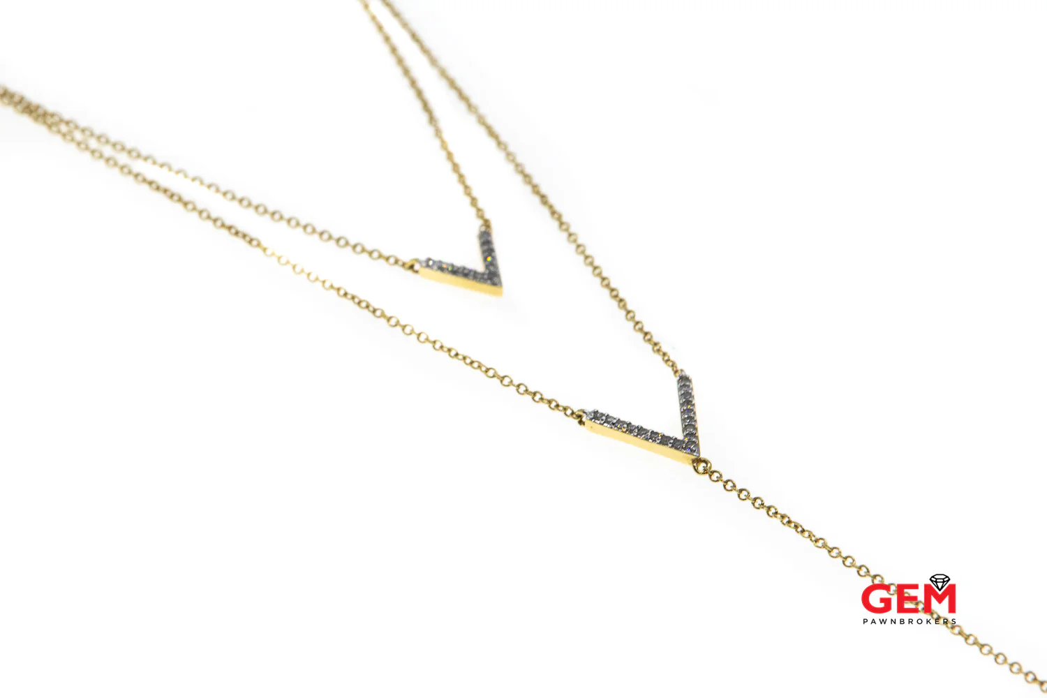 V Drop Charm Diamond Accent Pave 1mm Chain Link 14K 585 Yellow Gold 24.5" Necklace & Pendant - Image 2