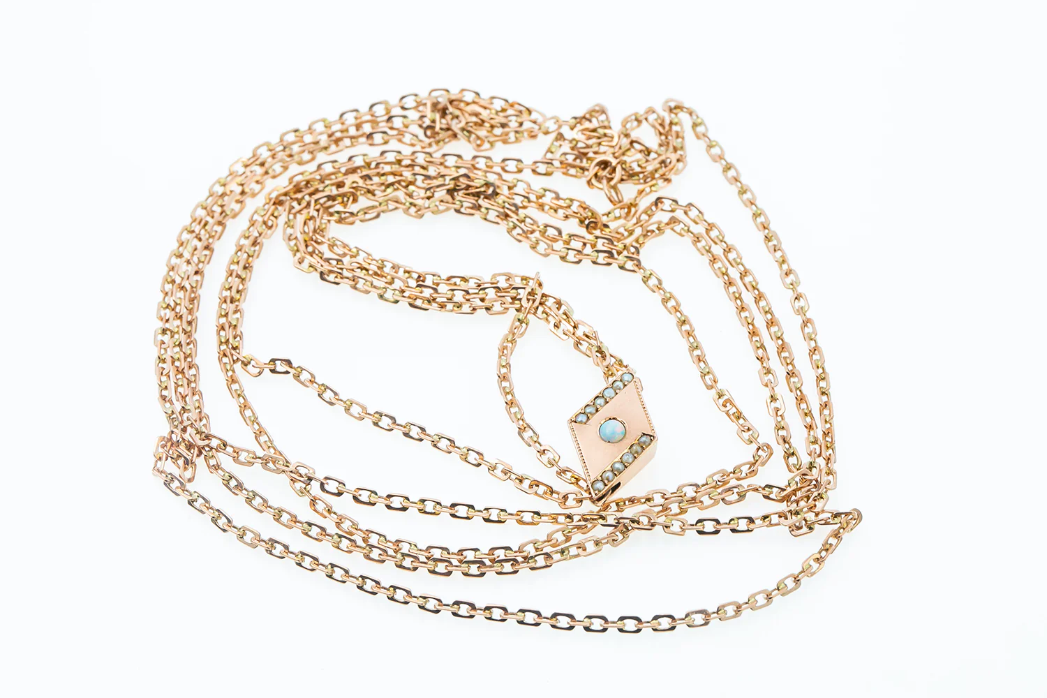 Victorian 8k 333 Rose Gold Seed Pearl & Opal Slide Necklace Chain 52" - Image 3