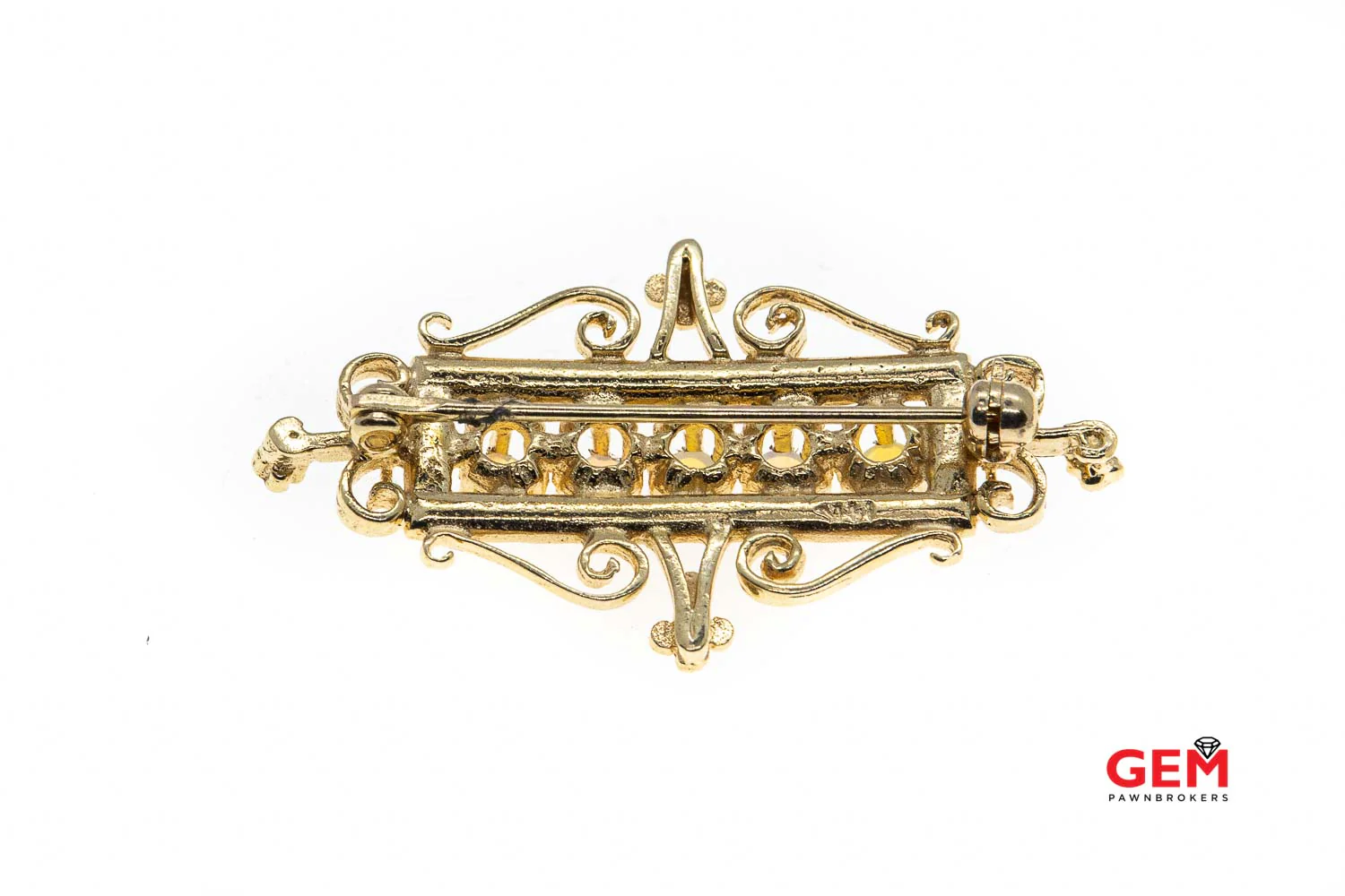 Victorian Natural Opal Gemstone Bar Filigree Scroll Swirl Brooch 14K 585 Yellow Gold Lapel Pin - Image 3