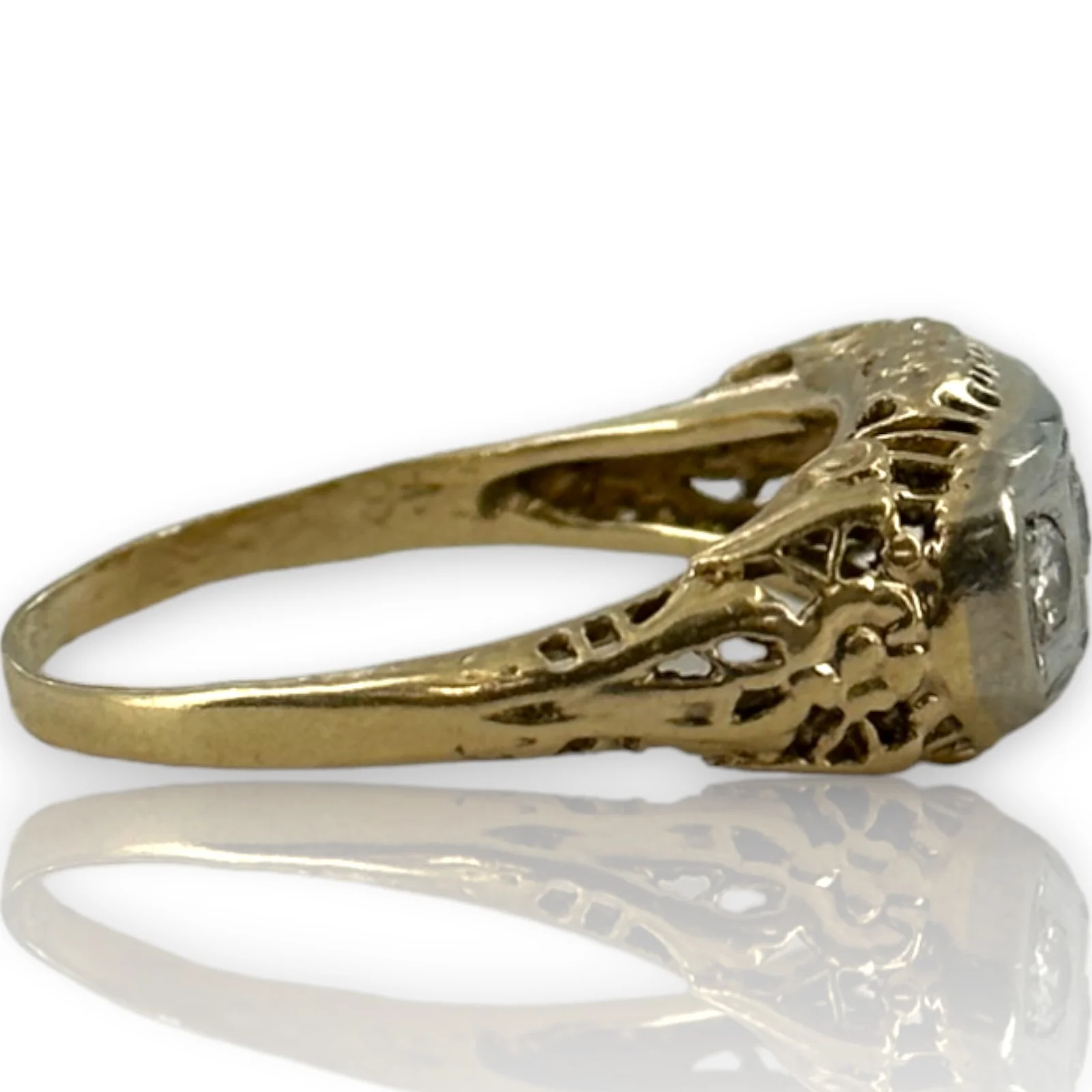 Vintage 14kt Yellow/White Gold Cast of Art Deco Filigree Ring with Original Old Euro and Transitional Diamonds - Image 3