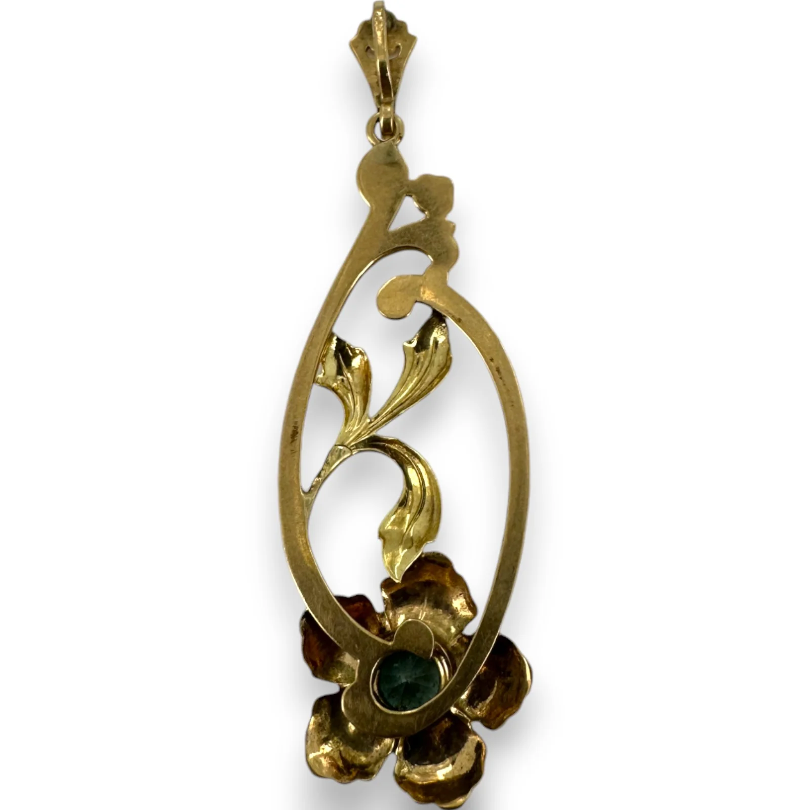 Vintage 1930-50s 10kt Yellow Gold Long Floral Pendant with Blue Glass Stone - Image 2