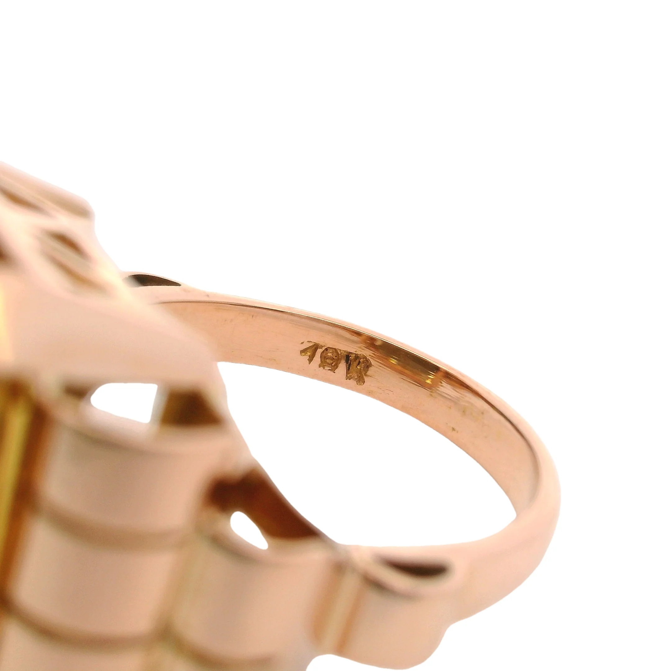 Vintage 1930s-50s Retro Era 18kt Rose Gold Emerald Cut Citrine Cocktail Statement Ring Size 7.75 - Image 8