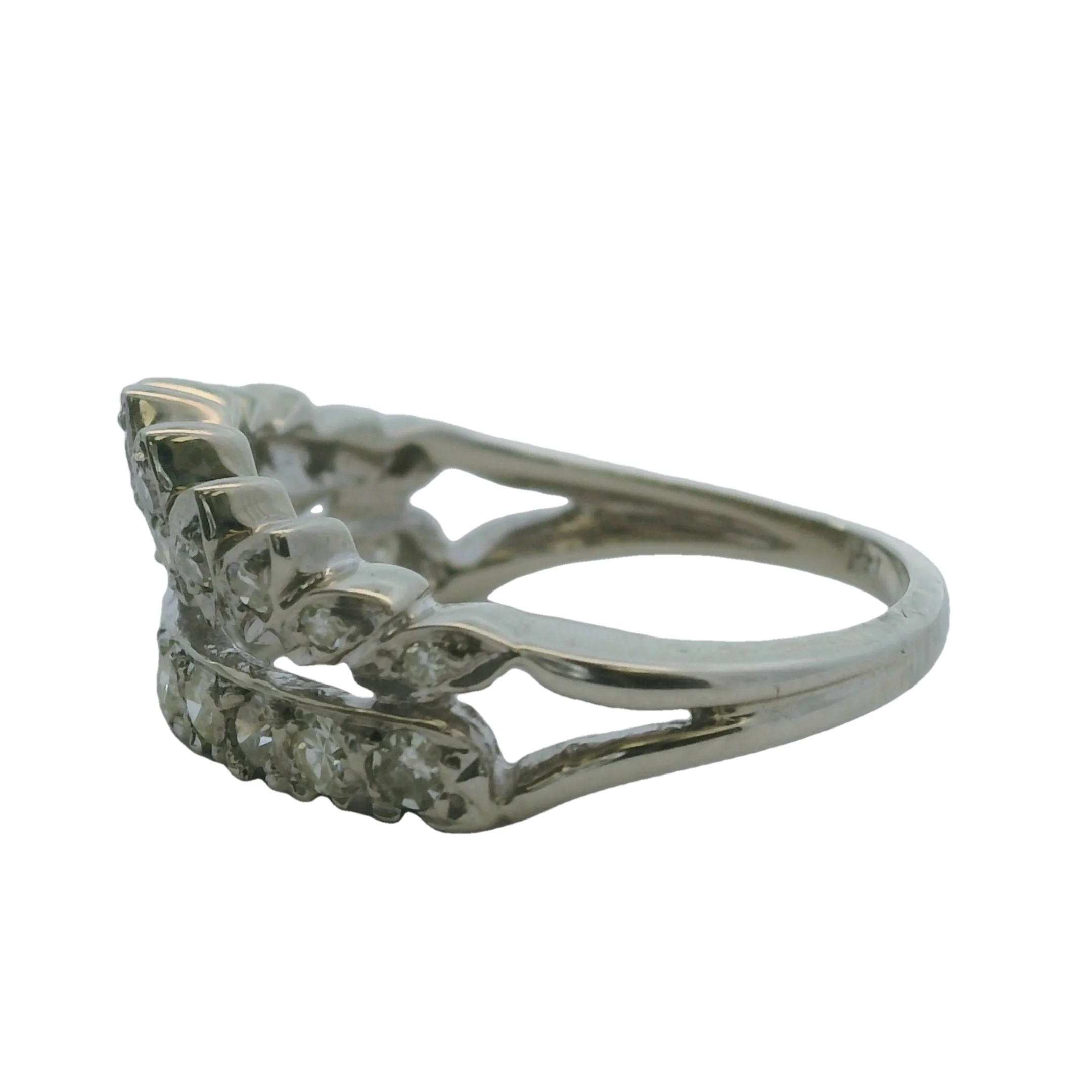 Vintage 1940-50s 14kt White Gold and Diamond Crown Stackable Wedding Band Ring Size 6.5 - Image 2