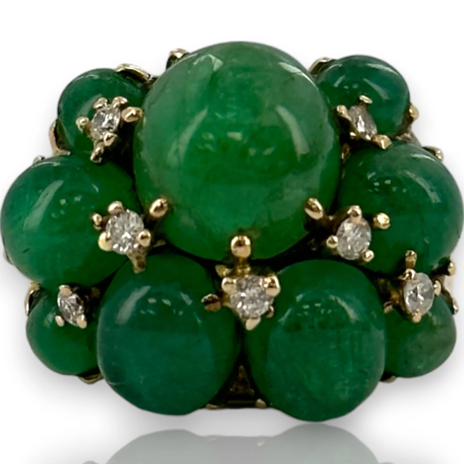 Vintage 1950-70s Large Cabochon Vivid Green Oiled Emerald Cluster Cocktail Ring Solid 13k Yellow Gold with Diamond Accents Size 8