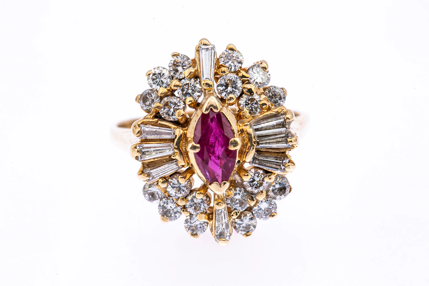 Vintage 1950-70s Natural Ruby Baguette Diamond Cocktail Cluster 14K 585 Yellow Gold Ring Sz 4 3/4