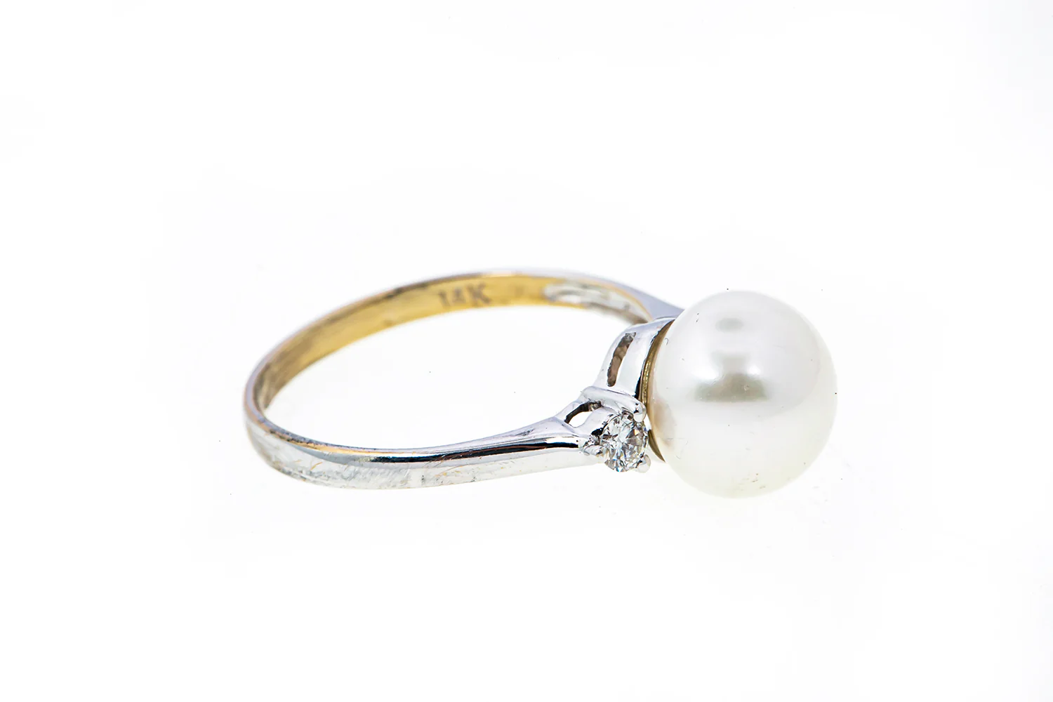 Vintage 1950s Freshwater Pearl 9mm & Diamond Accent Band 14K 585 White Gold Ring Size 7 - Image 3