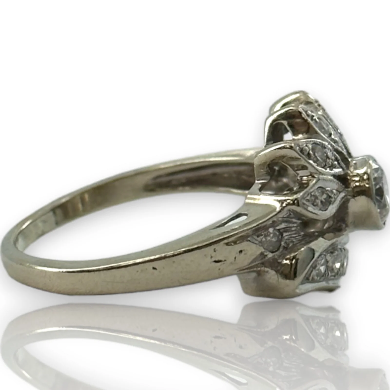 Vintage 1950s Solid 14kt White Gold Round Brilliant Diamond Handmade Cocktail Ring Size 8 - Image 2