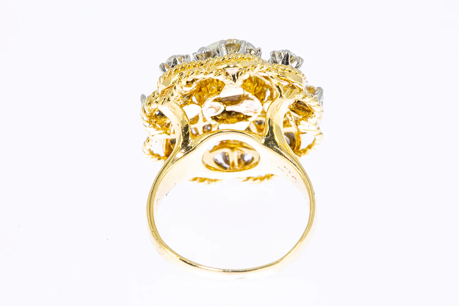 Vintage 1960-80s Opal & Diamond Cluster Rope Accent 14K 585 Yellow Gold Cocktail Ring Size 3 3/4 - Image 3