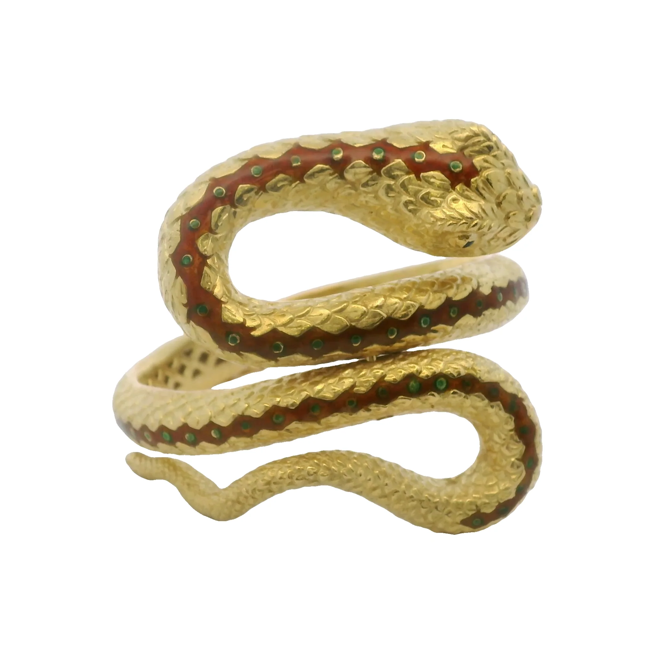 Vintage 1960-80s Solid 18kt Yellow Gold and Enamel 3D 64g Coiled Snake Hinged Bangle Bracelet - Image 2