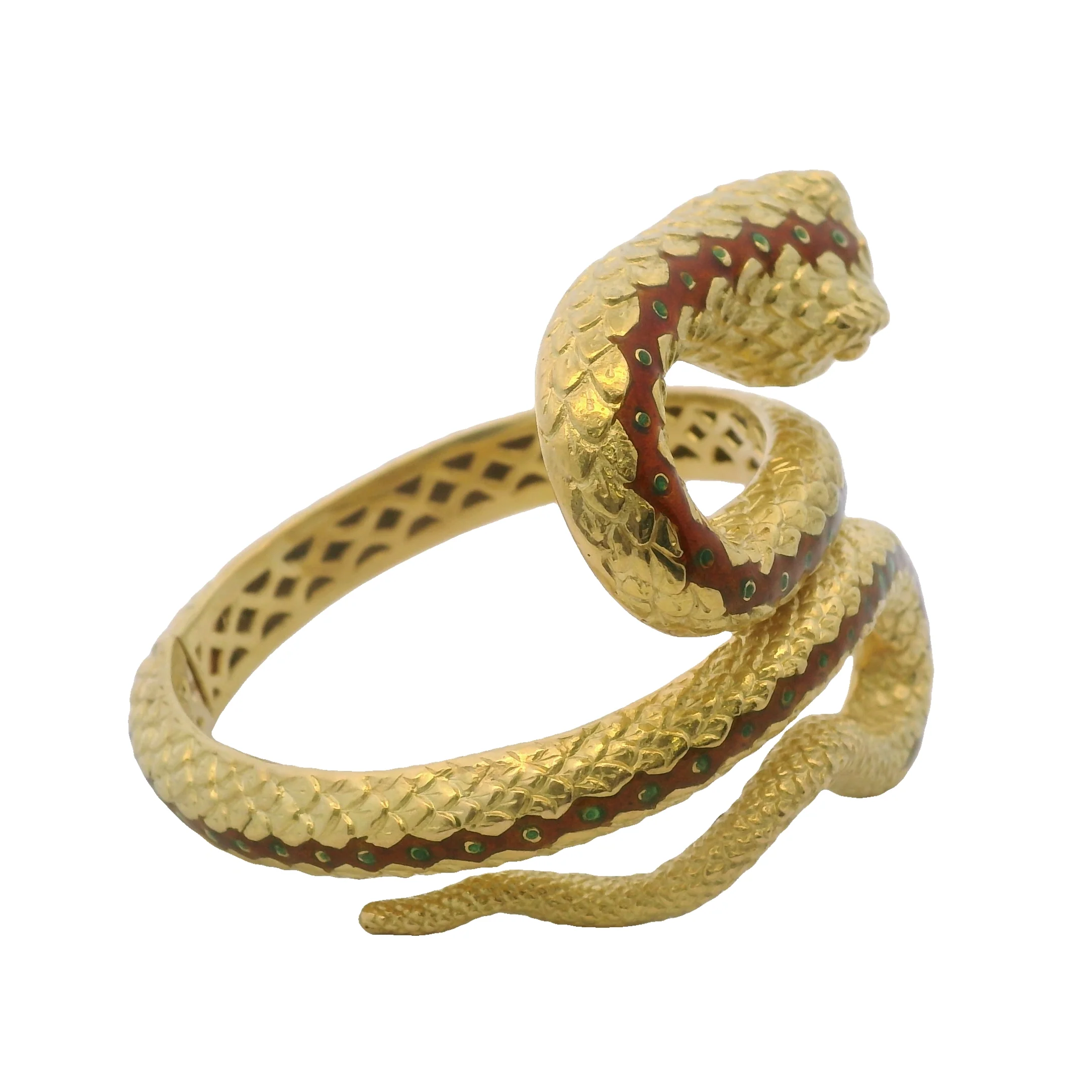 Vintage 1960-80s Solid 18kt Yellow Gold and Enamel 3D 64g Coiled Snake Hinged Bangle Bracelet - Image 3