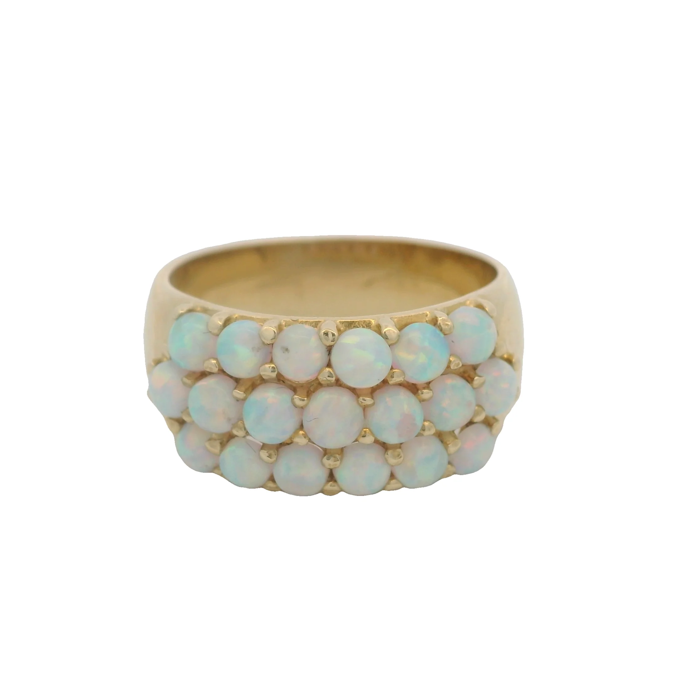Vintage 1970-80s Solid 14kt Yellow Gold Cabochon Vivid Intense Fire Opal Cluster 9.5mm Ring Size 9