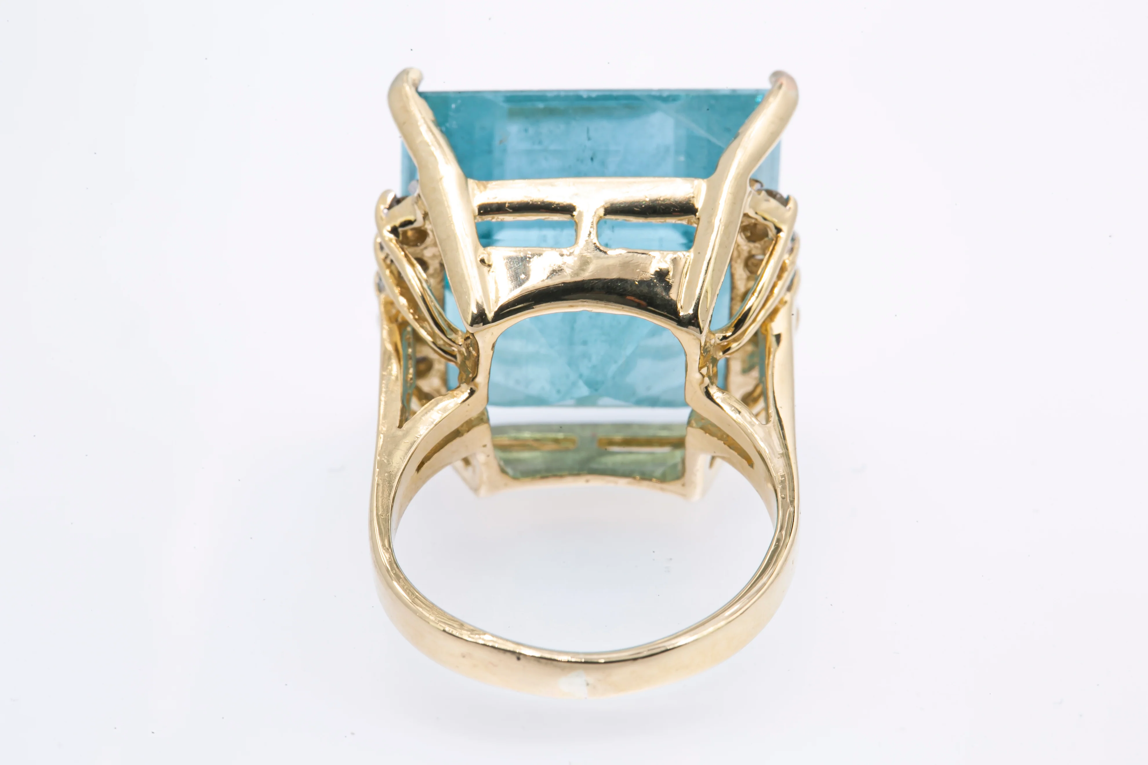 Vintage 1970-80s Solid 14kt Yellow Gold Cocktail Ring with Large 16.7mm Square Step-Cut Aquamarine and 12 Accent Diamonds Size 5.5 - Image 2