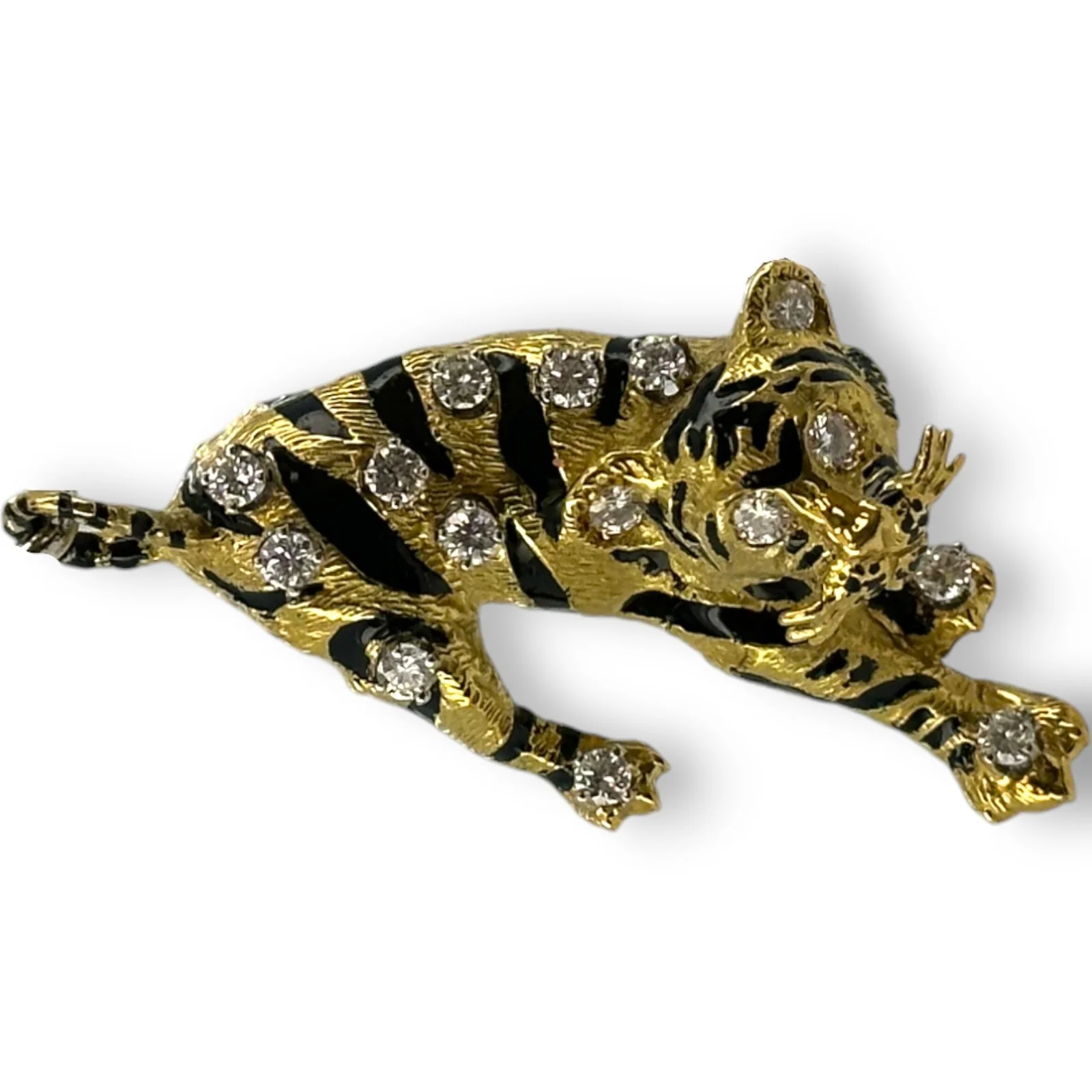Vintage 1970-80s Solid 18kt Yellow Gold and White Diamond 28.8g Unique Tiger Brooch with Black Enamel Stripes - Image 2